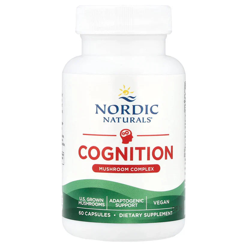 Nordic Naturals Cognition mushroom complex dietary supplement bottle with 60 capsules for brain support.