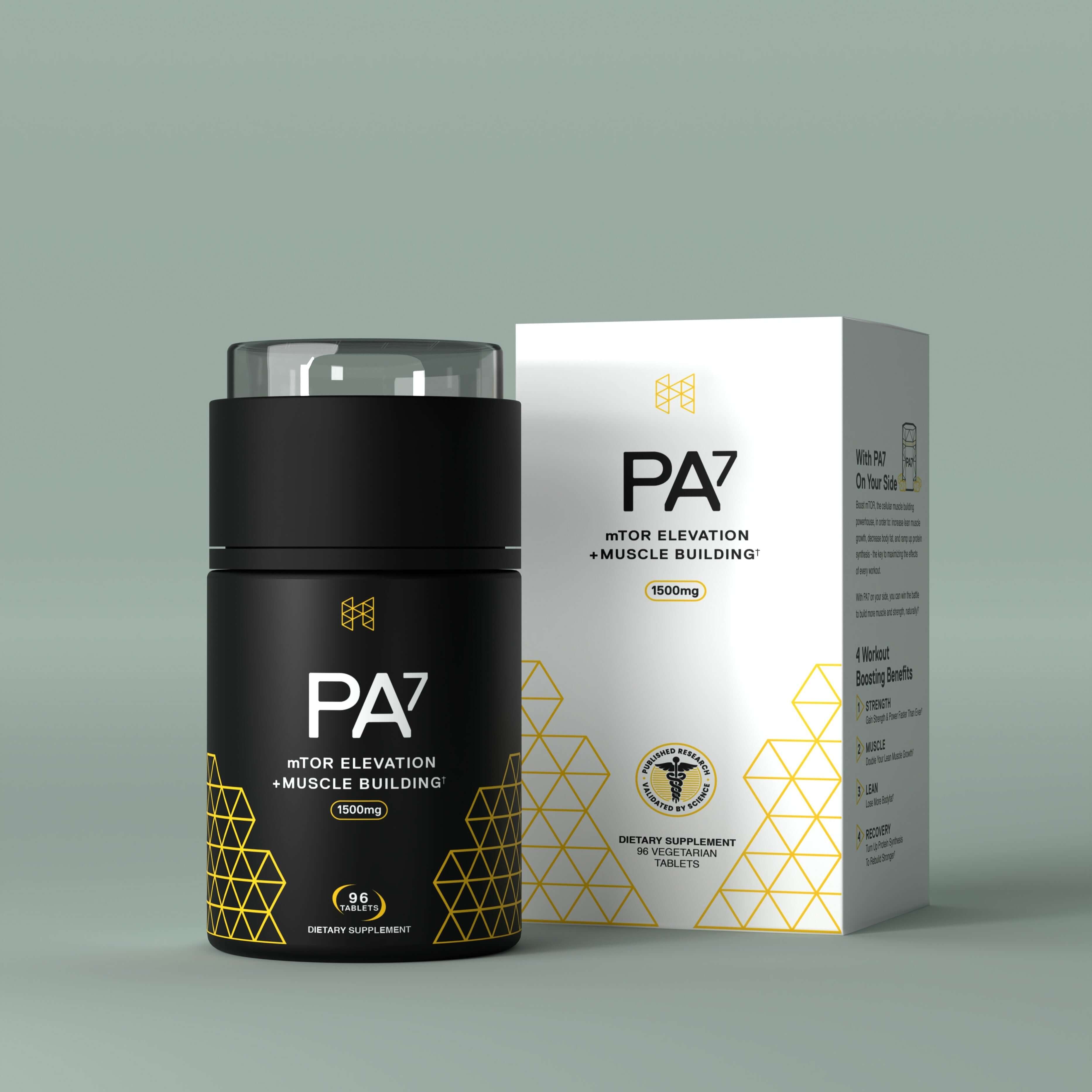 Mediator mTOR Elevation PA7 muscle building supplement bottle and box packaging