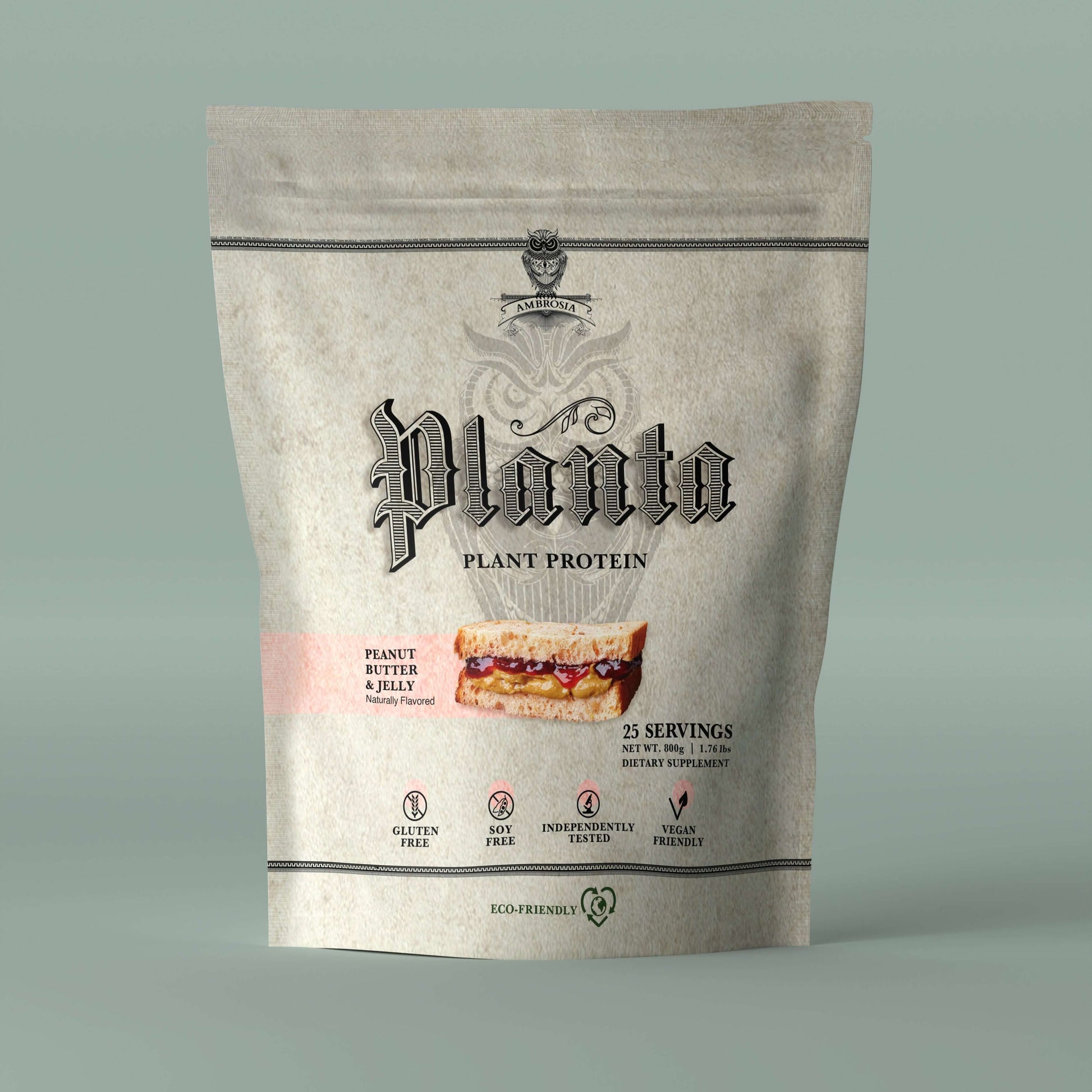 Planta - Premium Plant Protein packaging featuring Peanut Butter & Jelly flavor, 25 servings, gluten free, eco-friendly.