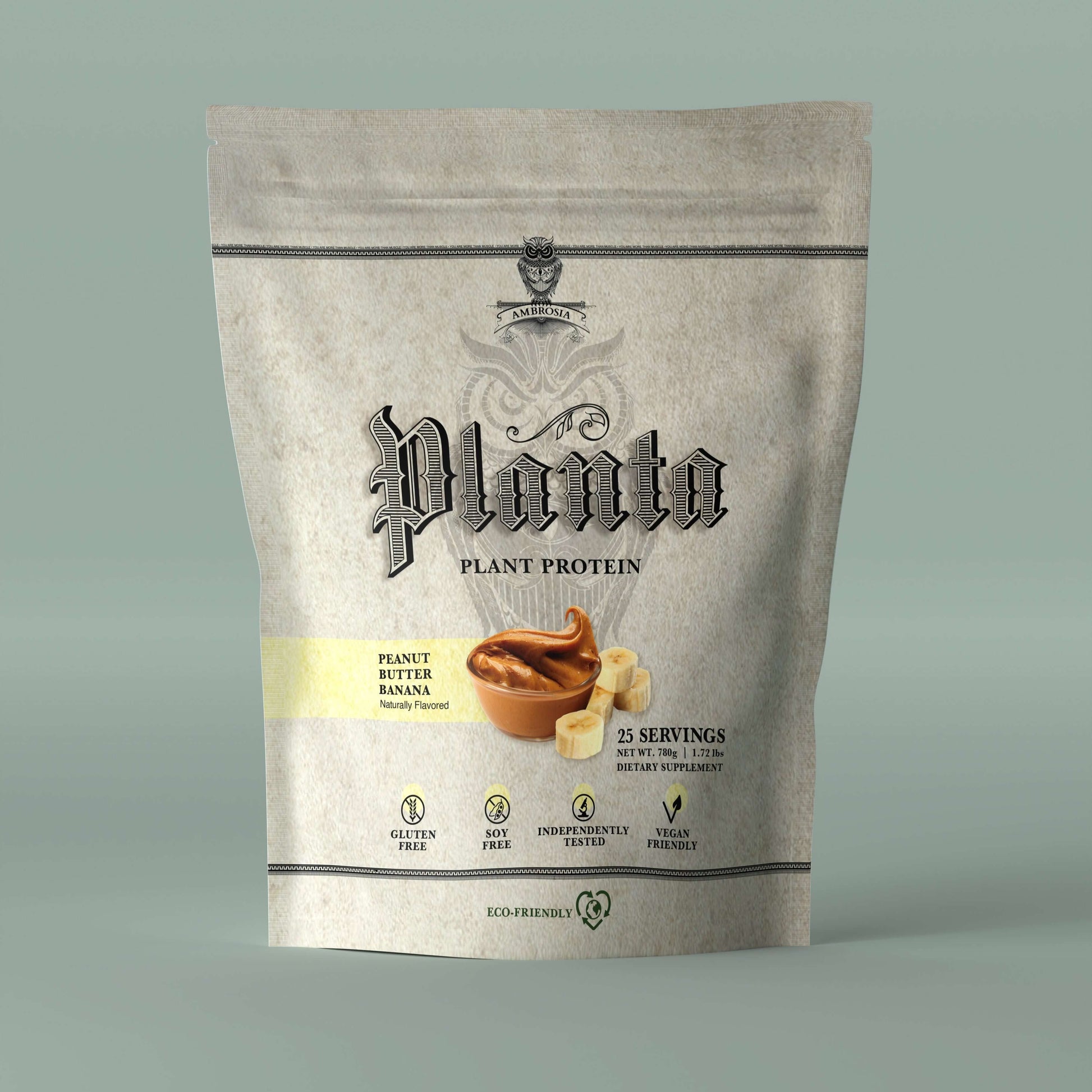 Planta - Premium Plant Protein packaging featuring peanut butter and banana flavor, 25 servings, gluten-free and vegan-friendly.
