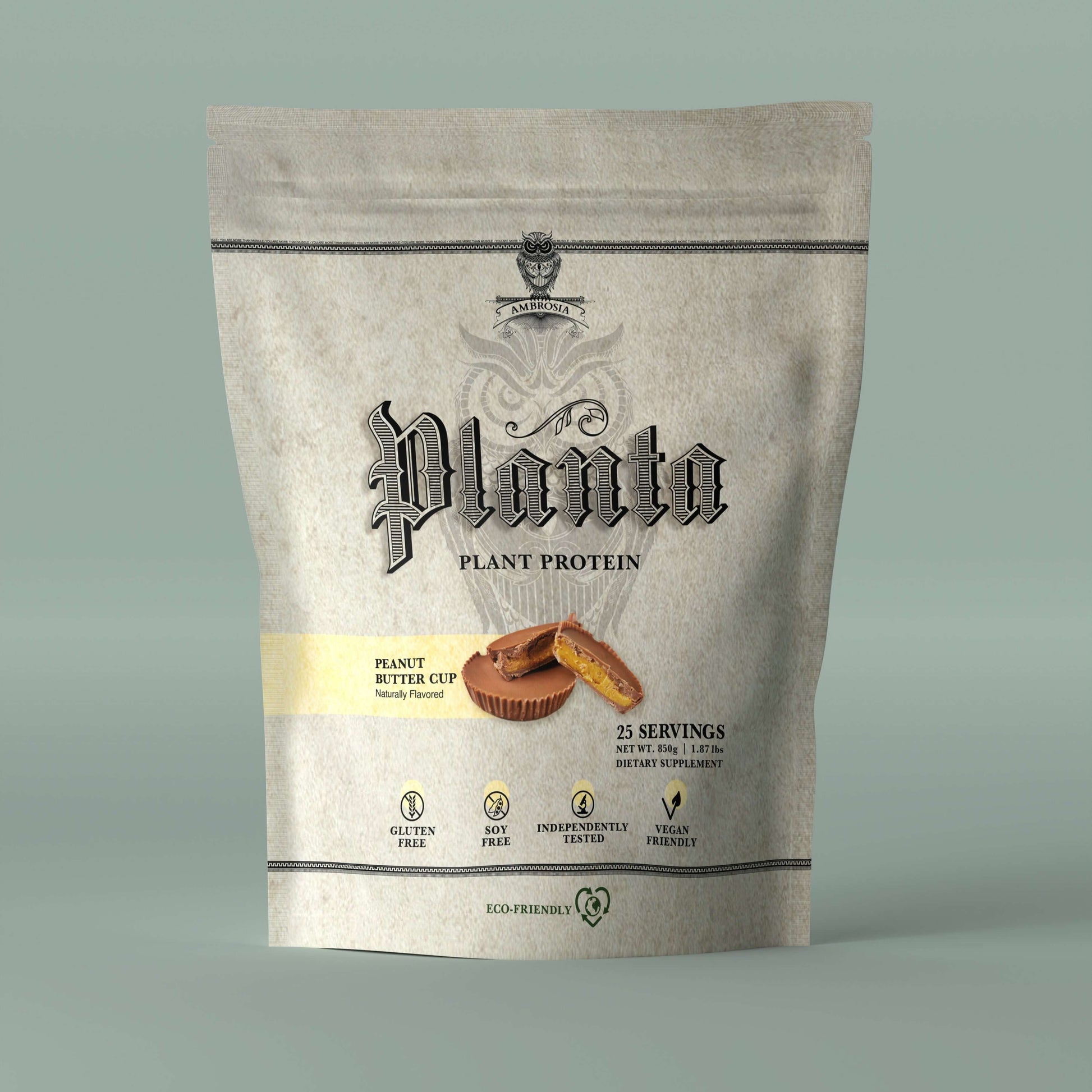 Planta - Premium Plant Protein packaging featuring Peanut Butter Cup flavor, showcasing 25 servings of plant-based protein.