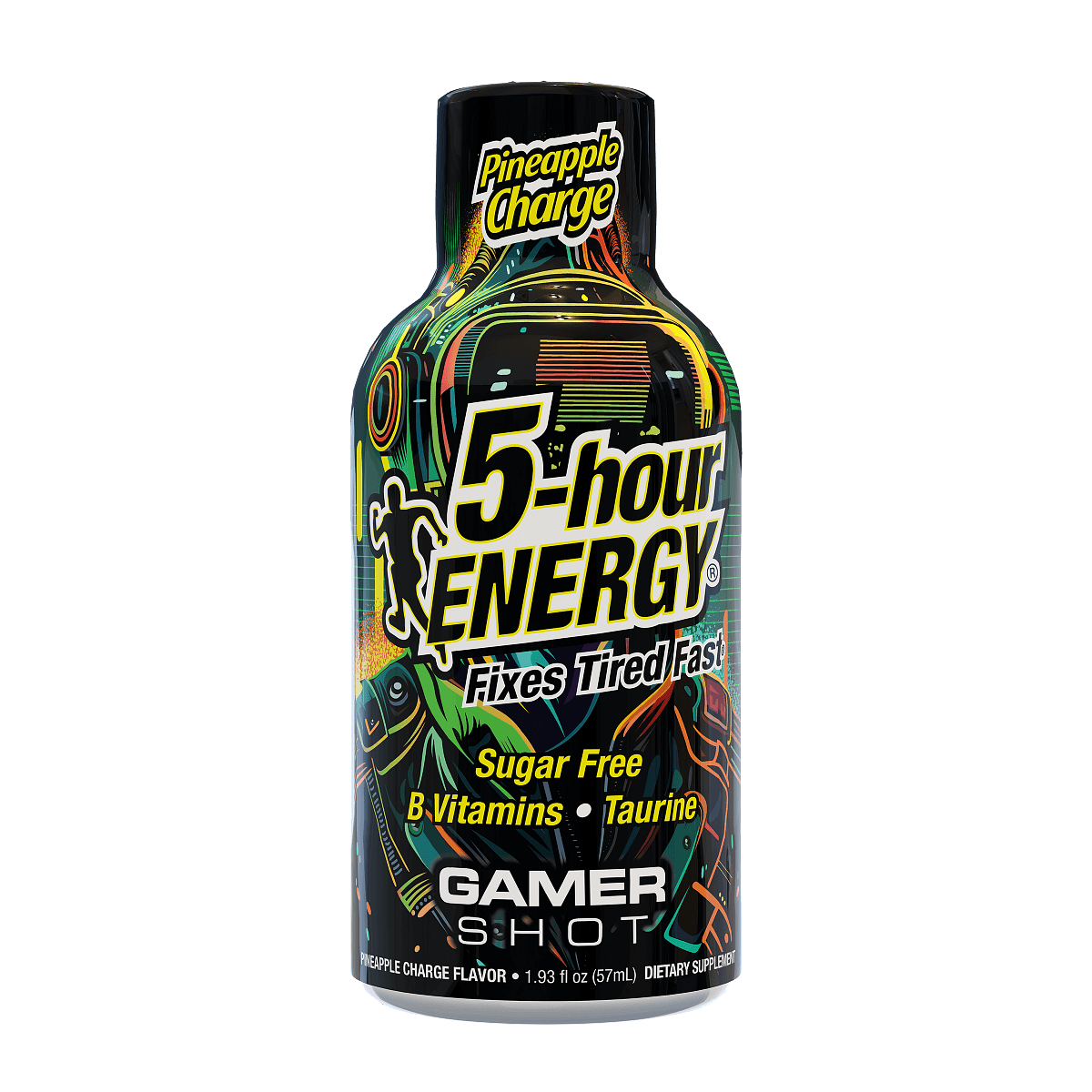 Pineapple Charge Extra Strength 5-hour ENERGY Shots bottle with tropical flavor, sugar-free, B vitamins, taurine.