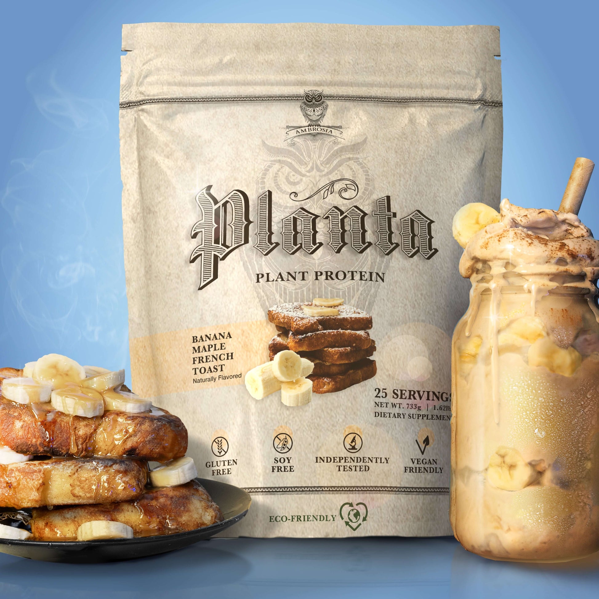 Planta - Premium Plant Protein packaging with banana maple French toast and a smoothie, highlighting taste and nutrition.