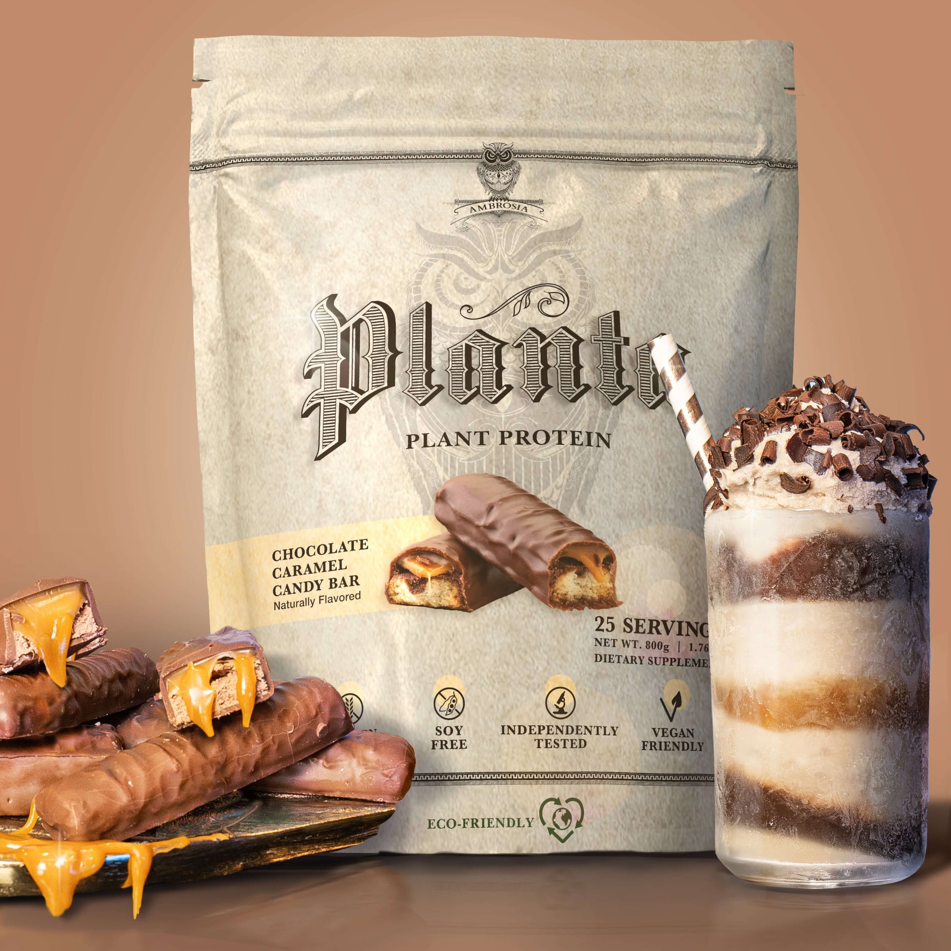 Planta - Premium Plant Protein with Chocolate Caramel Candy Bar and a creamy dessert in a glass.