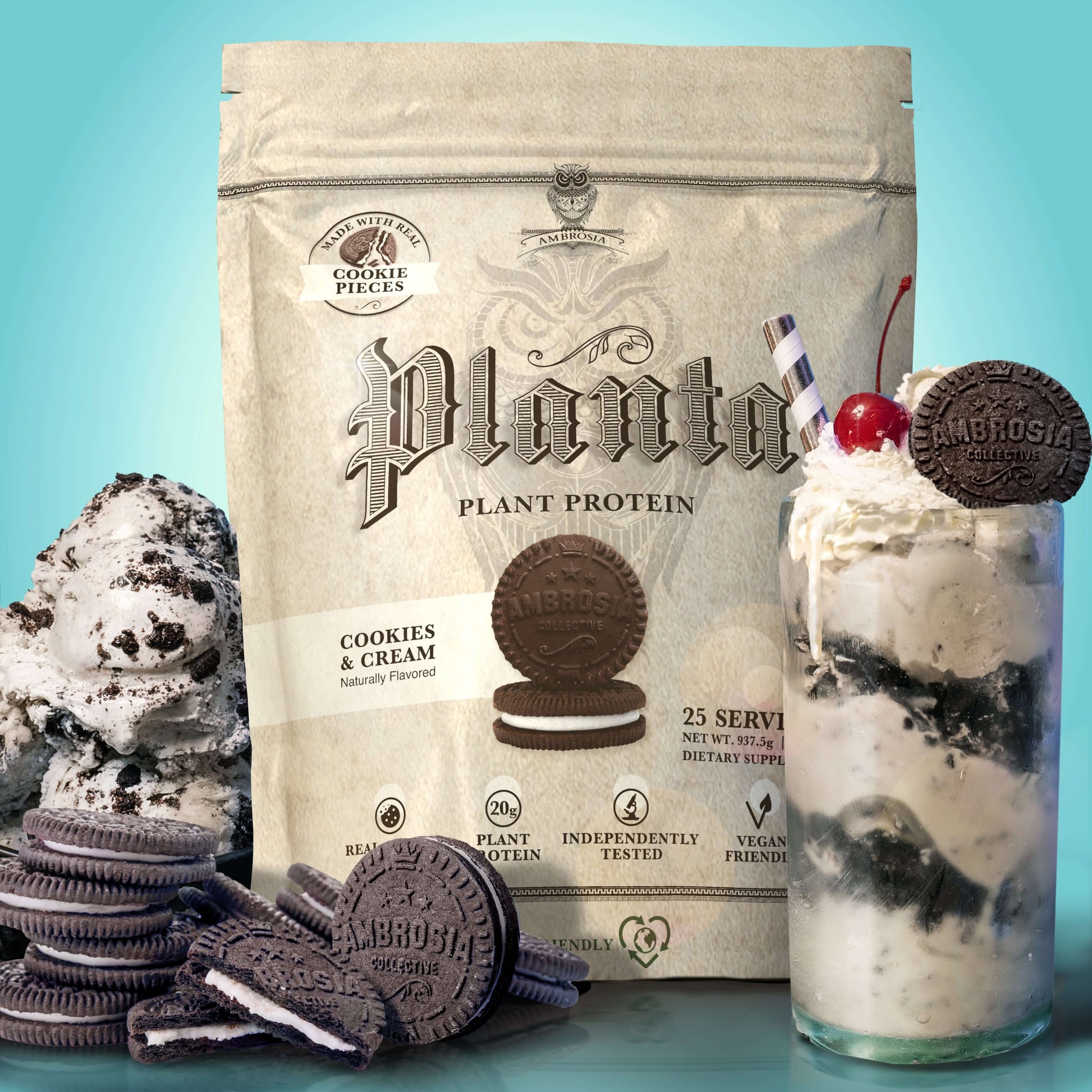 Planta - Premium Plant Protein Cookies & Cream flavor with a dessert and cookies in background