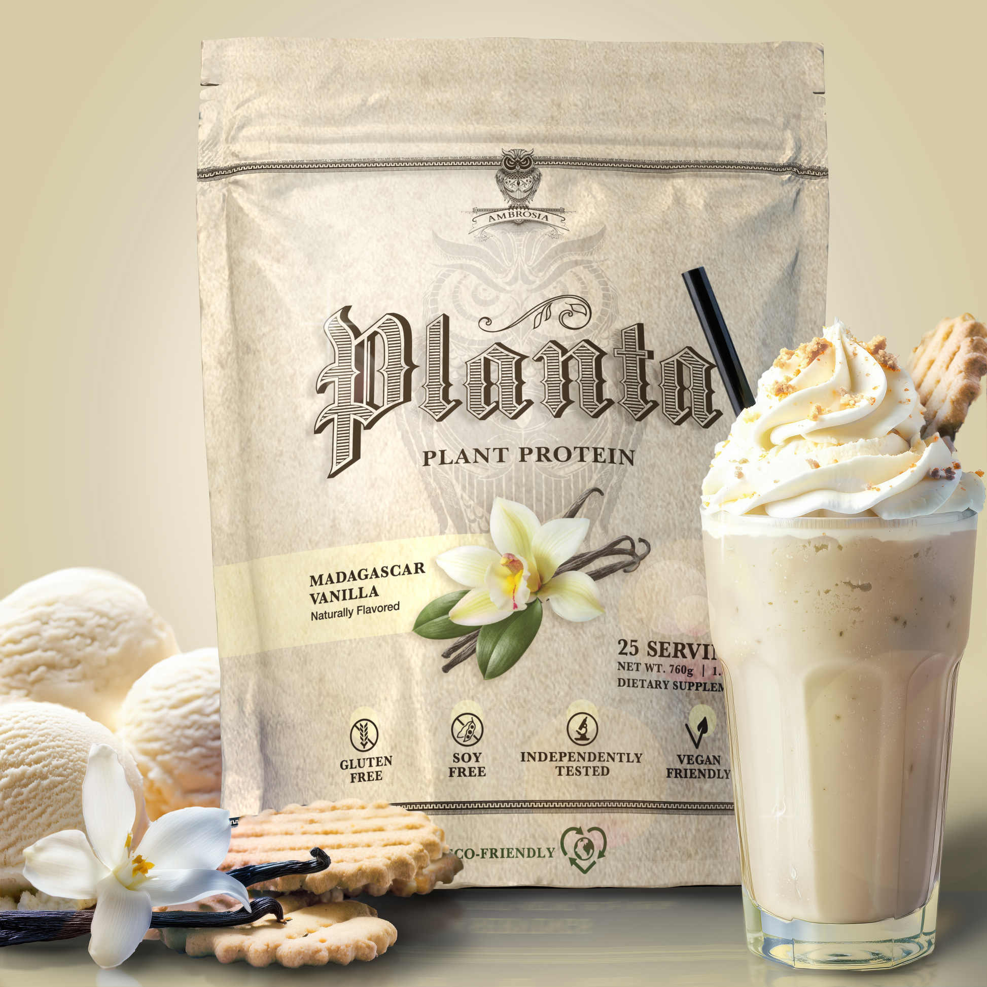 Planta - Premium Plant Protein pack with Madagascar vanilla, a delicious vegan protein shake, and cookies.