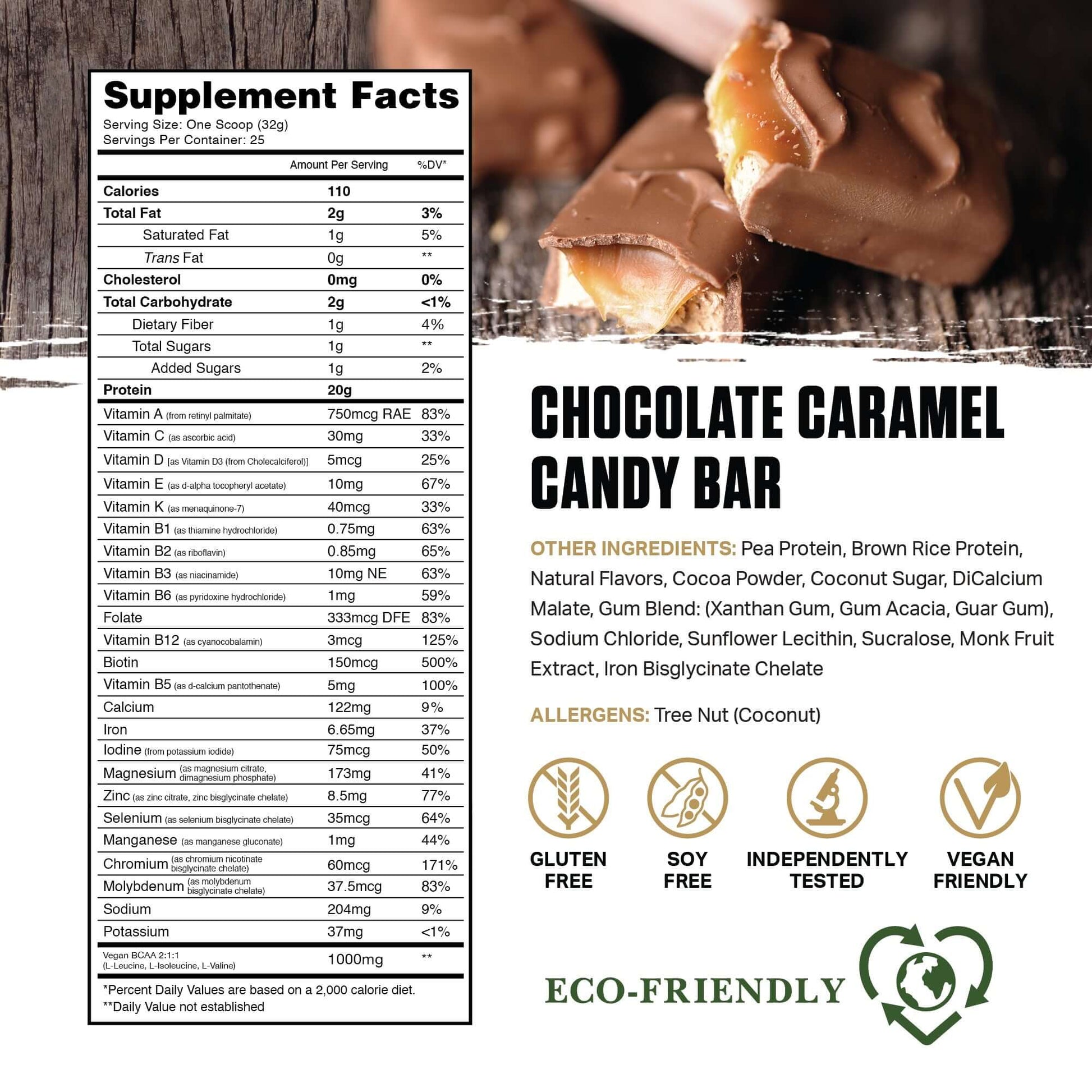 Chocolate Caramel Candy Bar Supplement Facts with ingredients, allergens, and eco-friendly label information.