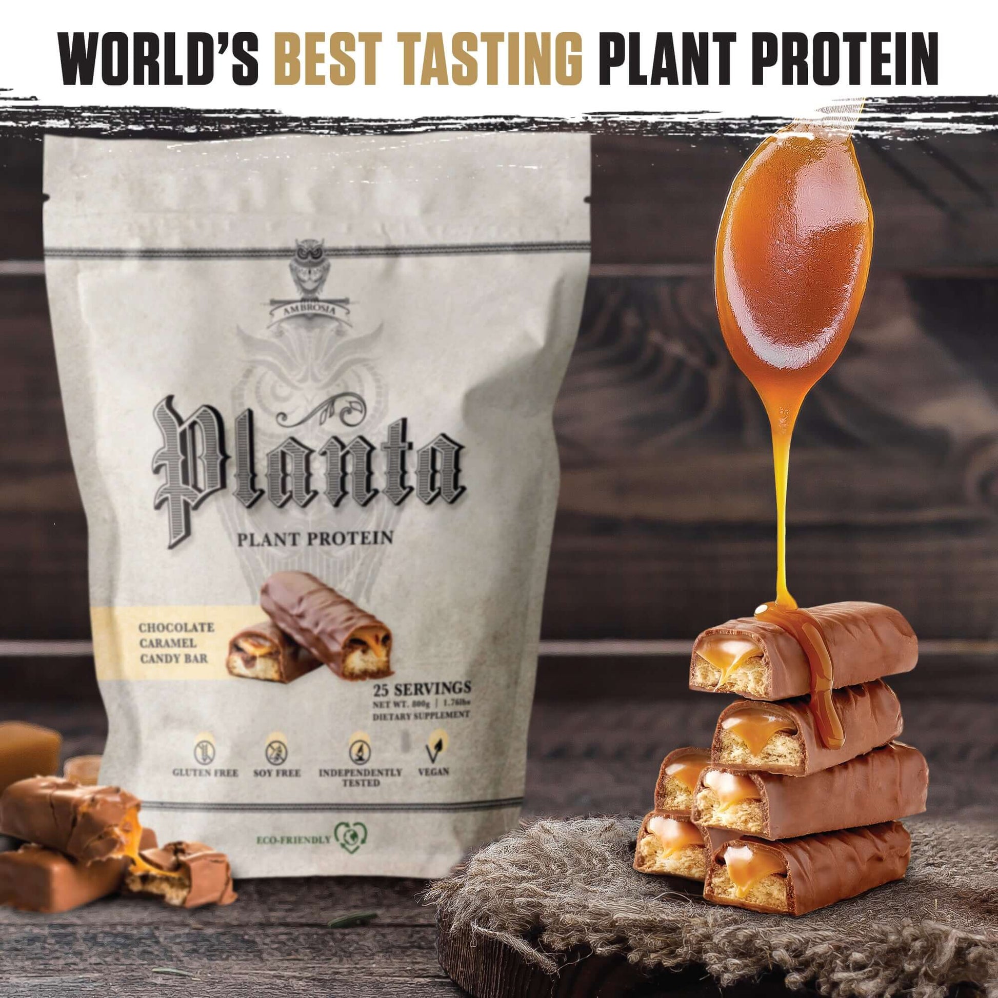 Planta - Premium Plant Protein bag with chocolate caramel candy bars, labeled as world's best tasting plant protein.