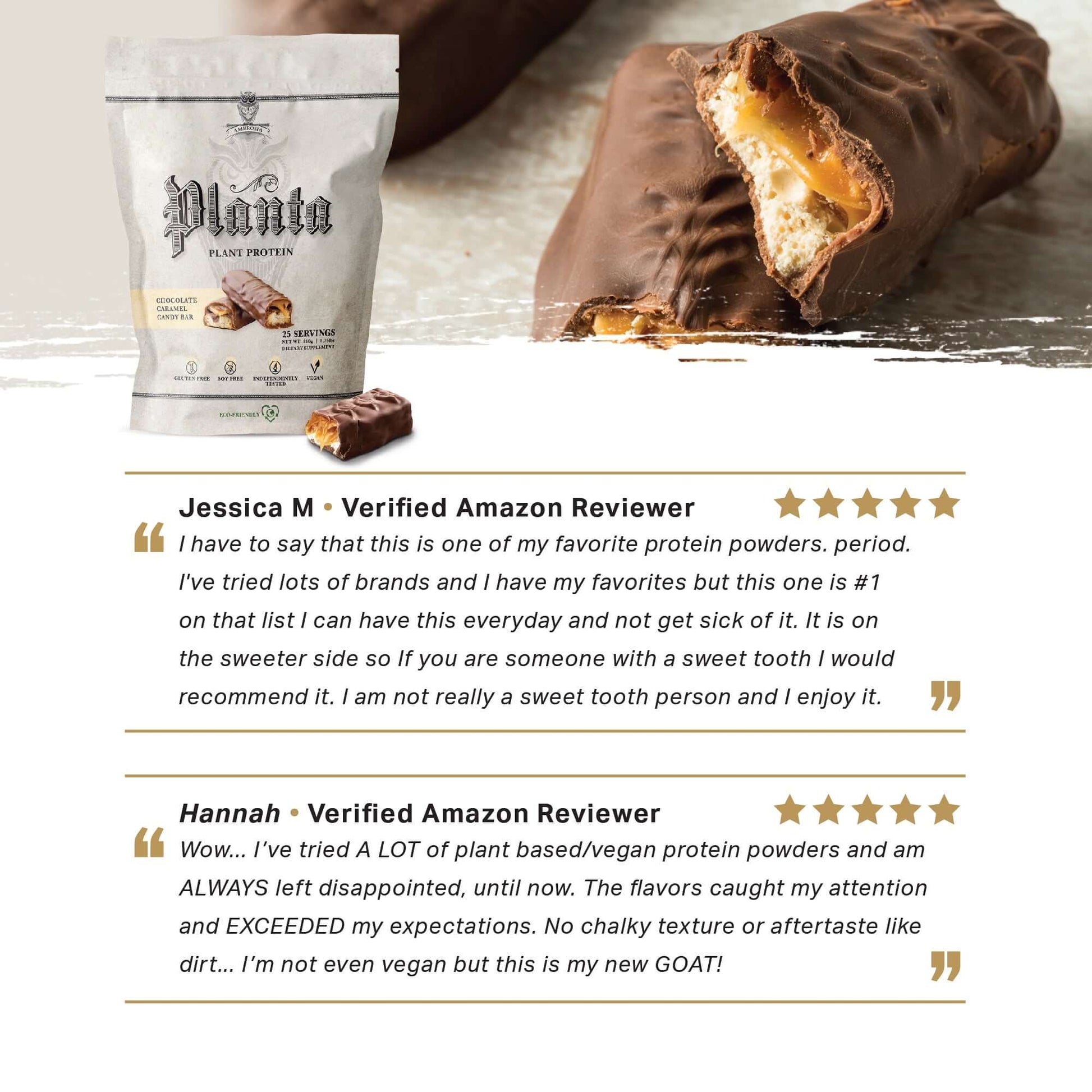 Planta - Premium Plant Protein product packaging with customer reviews highlighting taste and satisfaction.