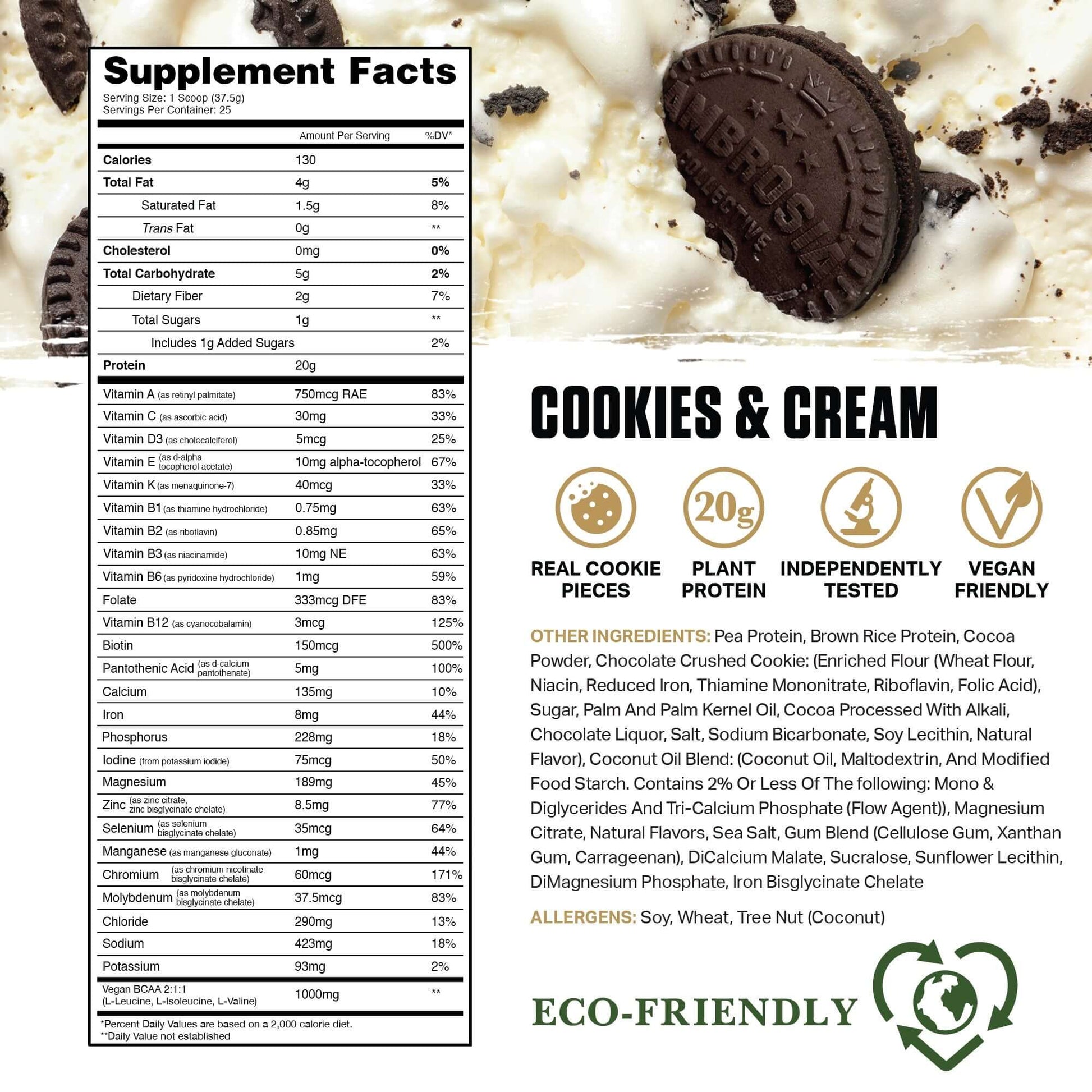 Planta - Premium Plant Protein Cookies & Cream flavor nutrition label with supplement facts and eco-friendly icons.