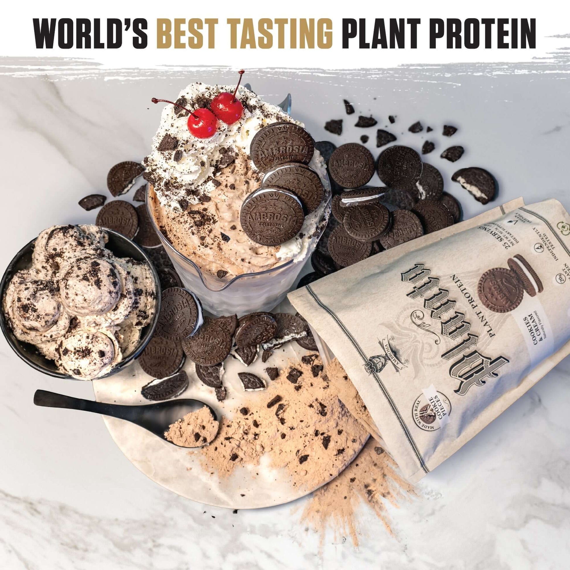 World's best tasting Planta - Premium Plant Protein displayed with dessert and cookies.