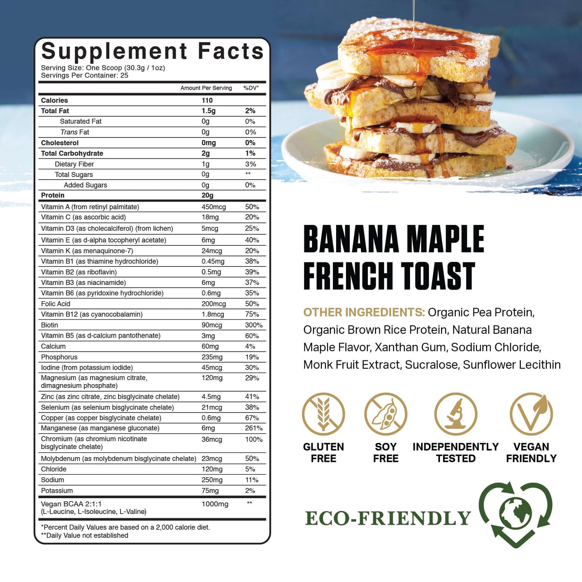 Planta - Premium Plant Protein Banana Maple French Toast supplement facts, highlighting ingredients and nutritional information.