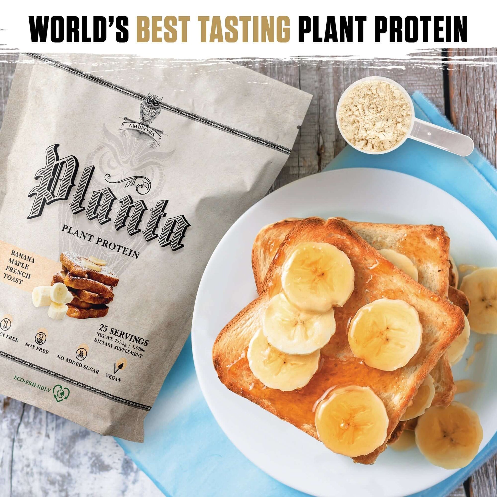 Planta - Premium Plant Protein package displayed with banana toast and oats on a blue plate.