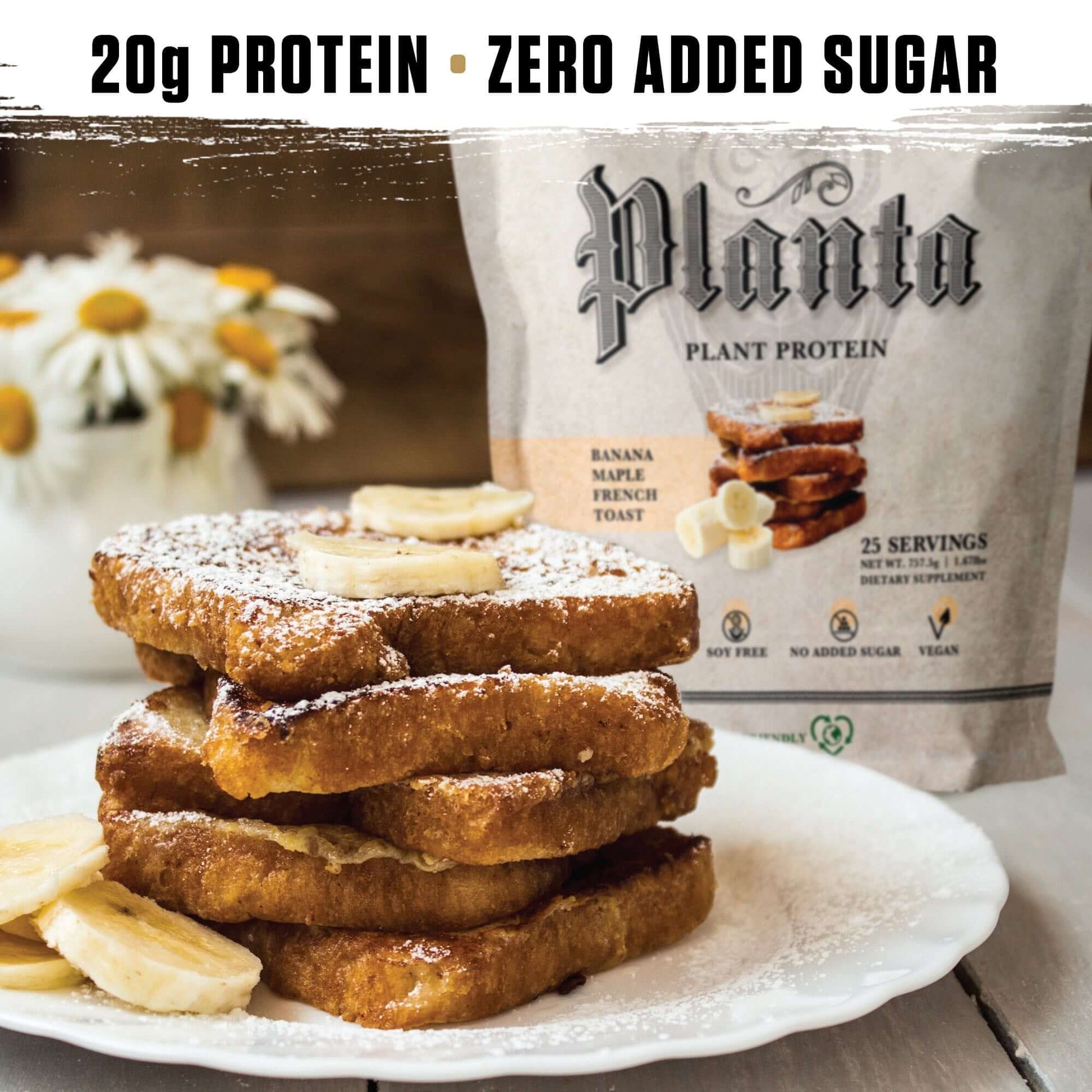 Planta - Premium Plant Protein with 20g protein in banana maple French toast, featuring no added sugar.