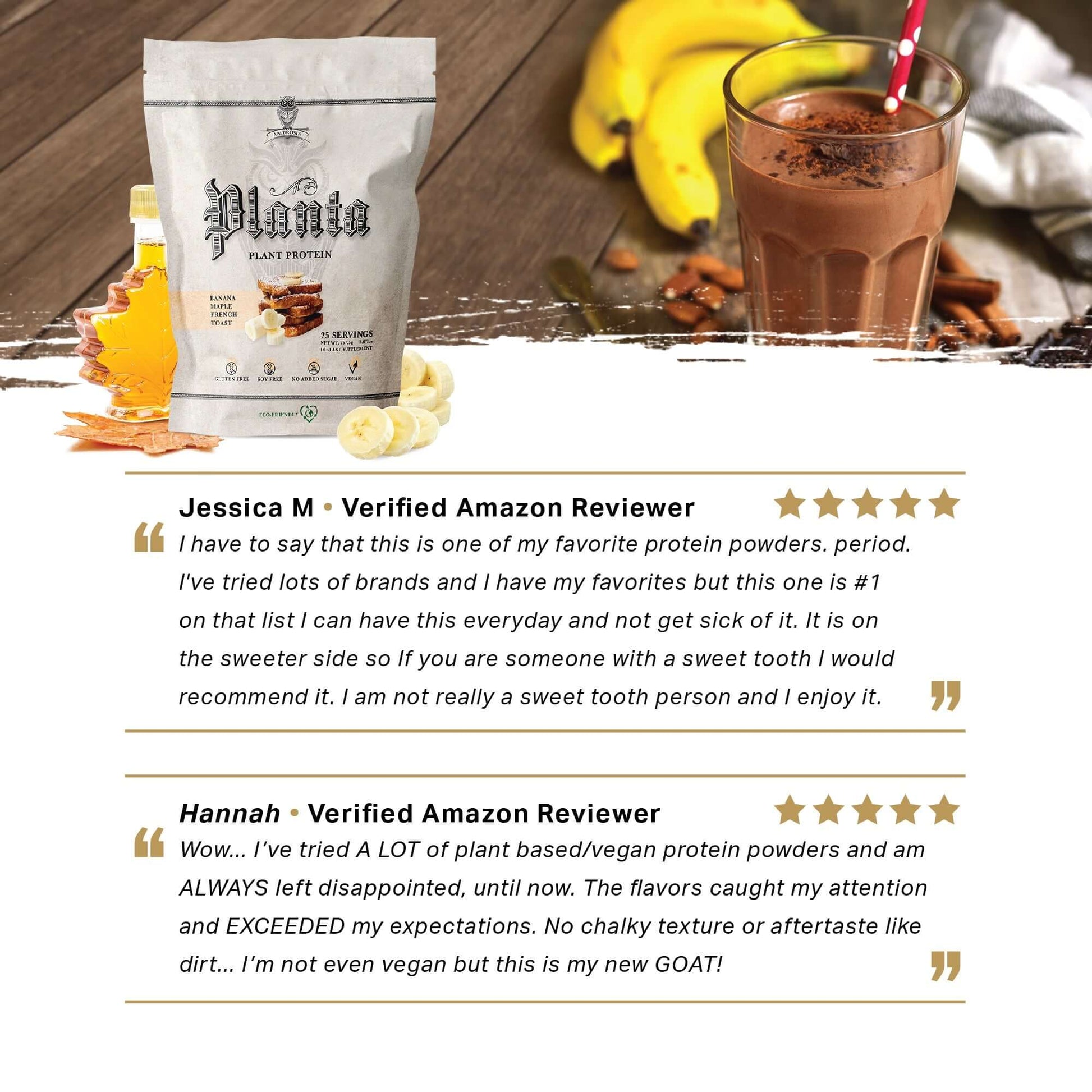 Planta - Premium Plant Protein customer reviews showcasing satisfaction and flavor benefits in smoothie preparation.
