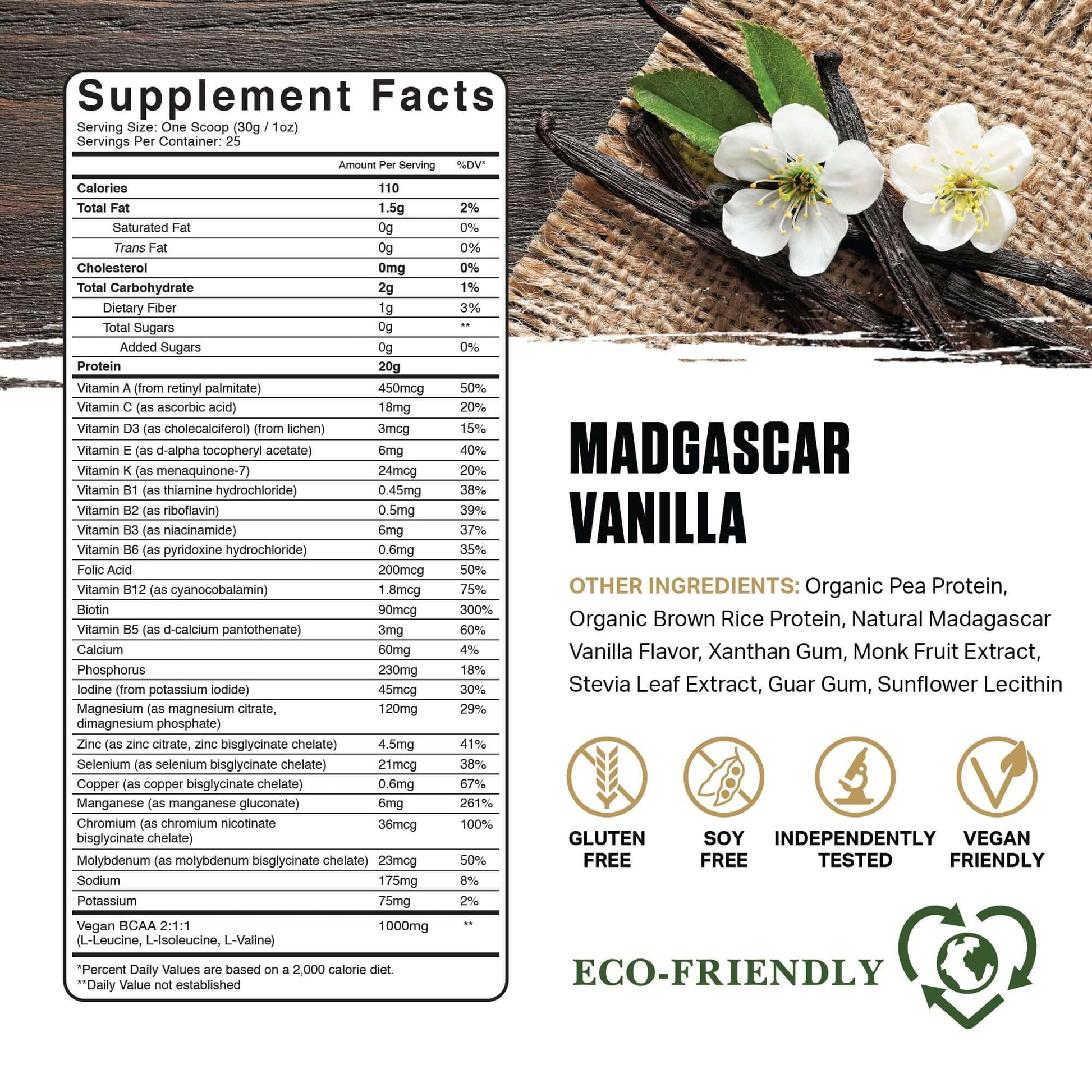 Planta - Premium Plant Protein Supplement Facts label showing Organic Pea Protein, Madagascar Vanilla, and eco-friendly features.
