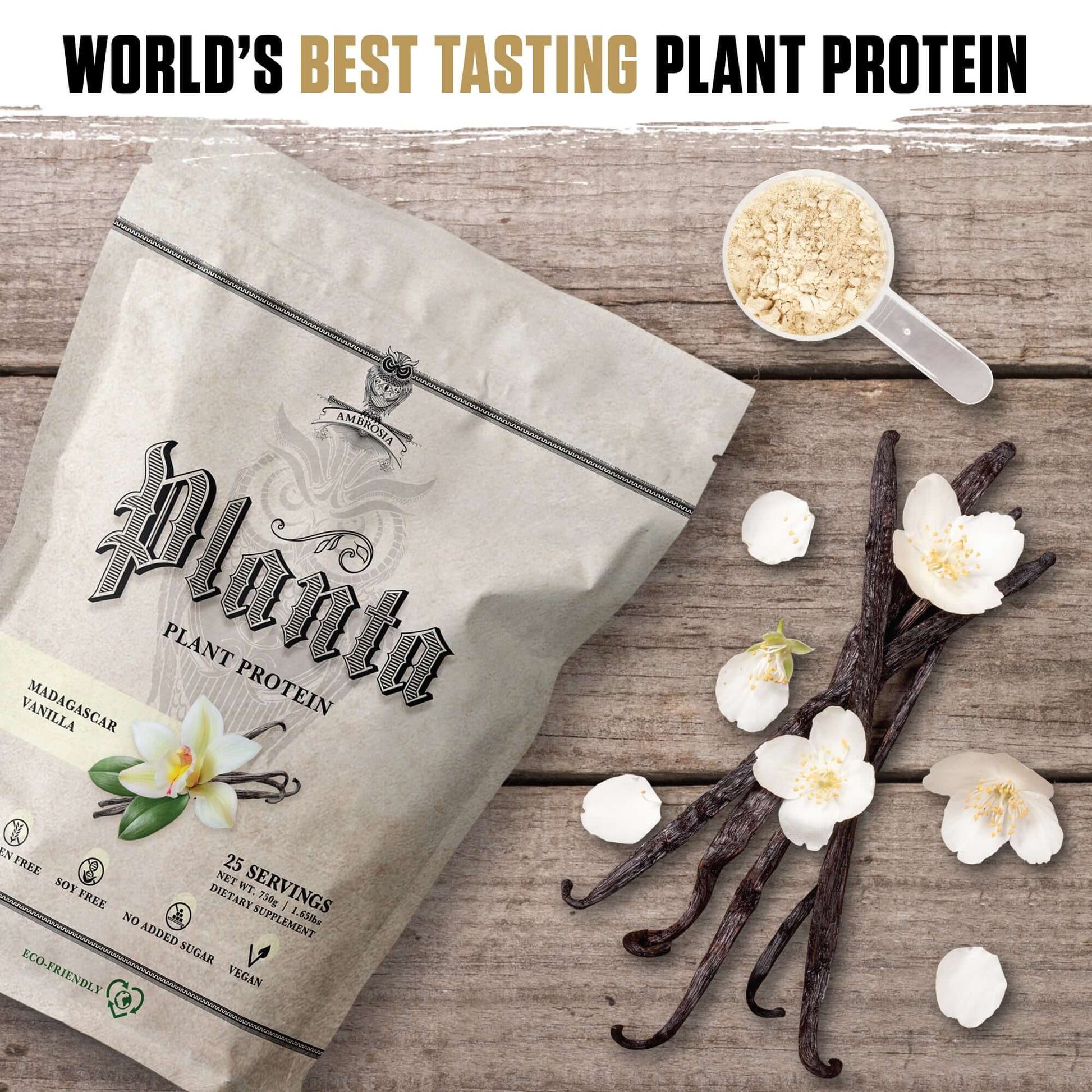 Planta - Premium Plant Protein package with vanilla flowers and protein powder, emphasizing world's best tasting plant protein.