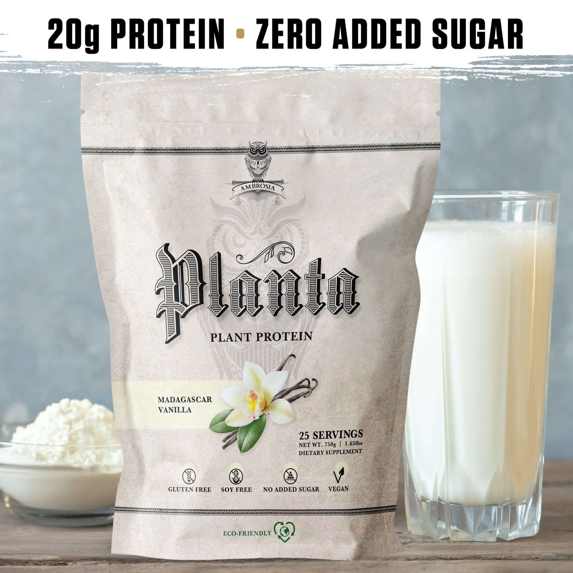 Planta - Premium Plant Protein package with 20g protein, Madagascar vanilla flavor, and glass of milk alternative.