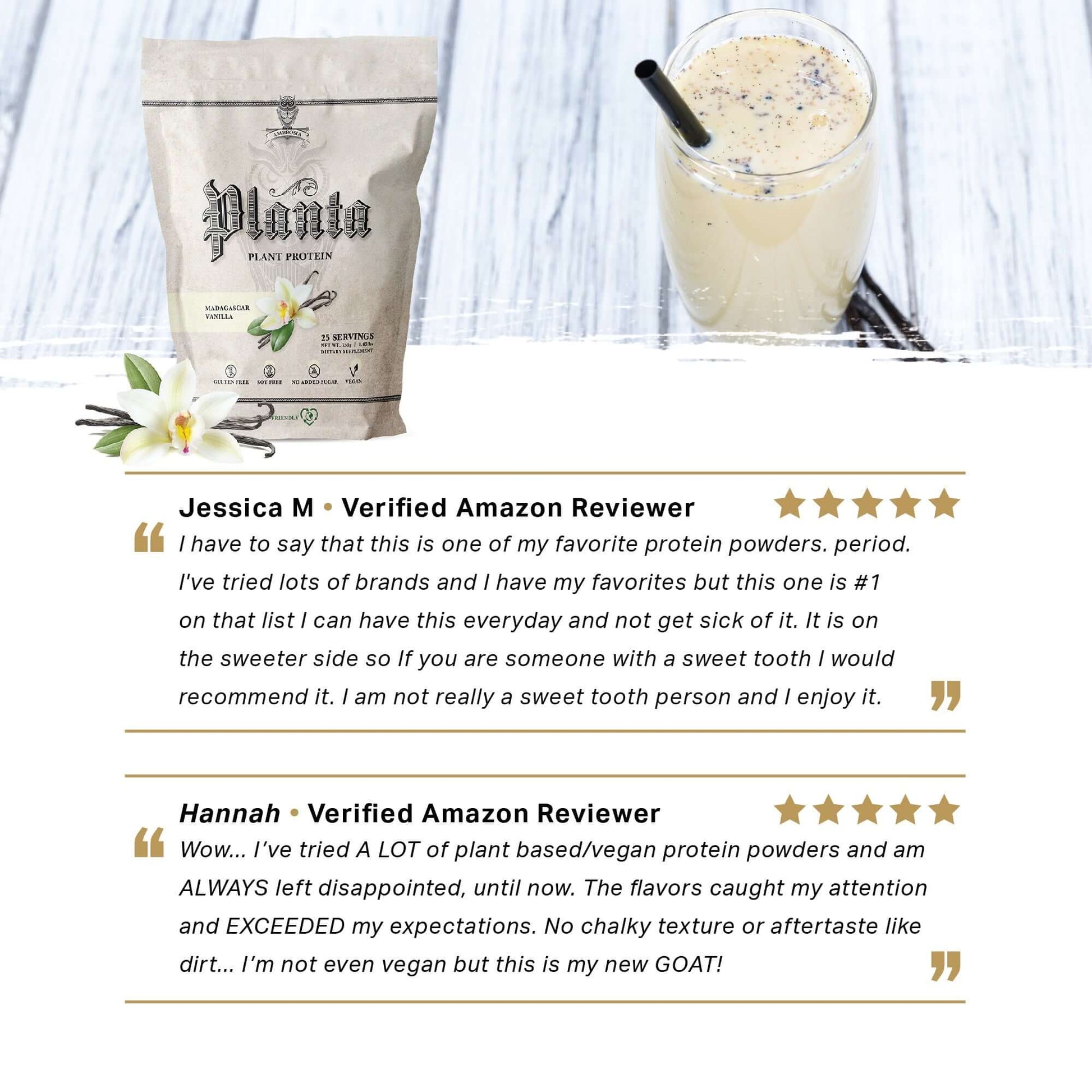Planta - Premium Plant Protein pouch with flowers, showcasing customer reviews highlighting product satisfaction.