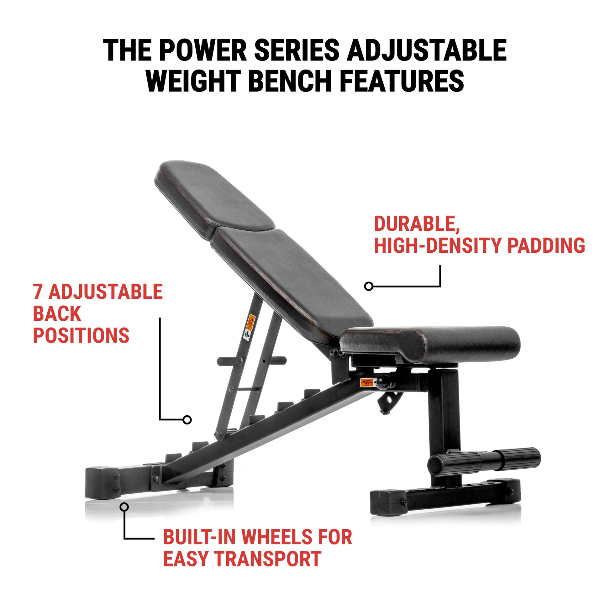 Power Series Adjustable Dumbbell Weight Bench features durable padding and 7 adjustable back positions for versatile workouts.