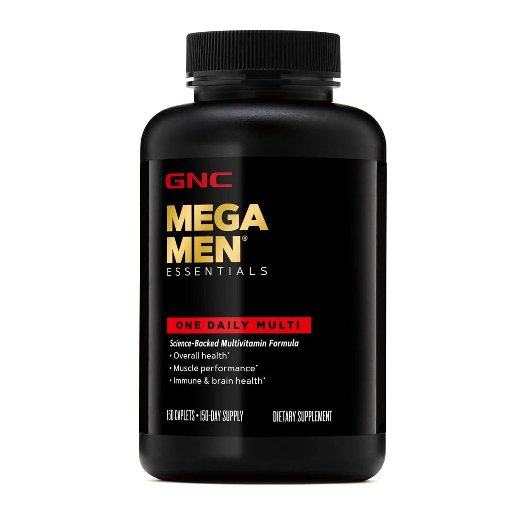 GNC Mega Men Essentials One Daily Multi – 150 Caplets, a multivitamin for men's health and muscle performance.