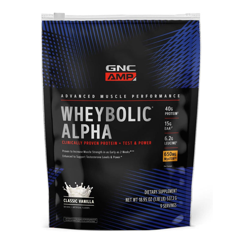 GNC AMP Wheybolic Alpha with MyoTOR – Classic Vanilla protein powder packaging, 9 servings.