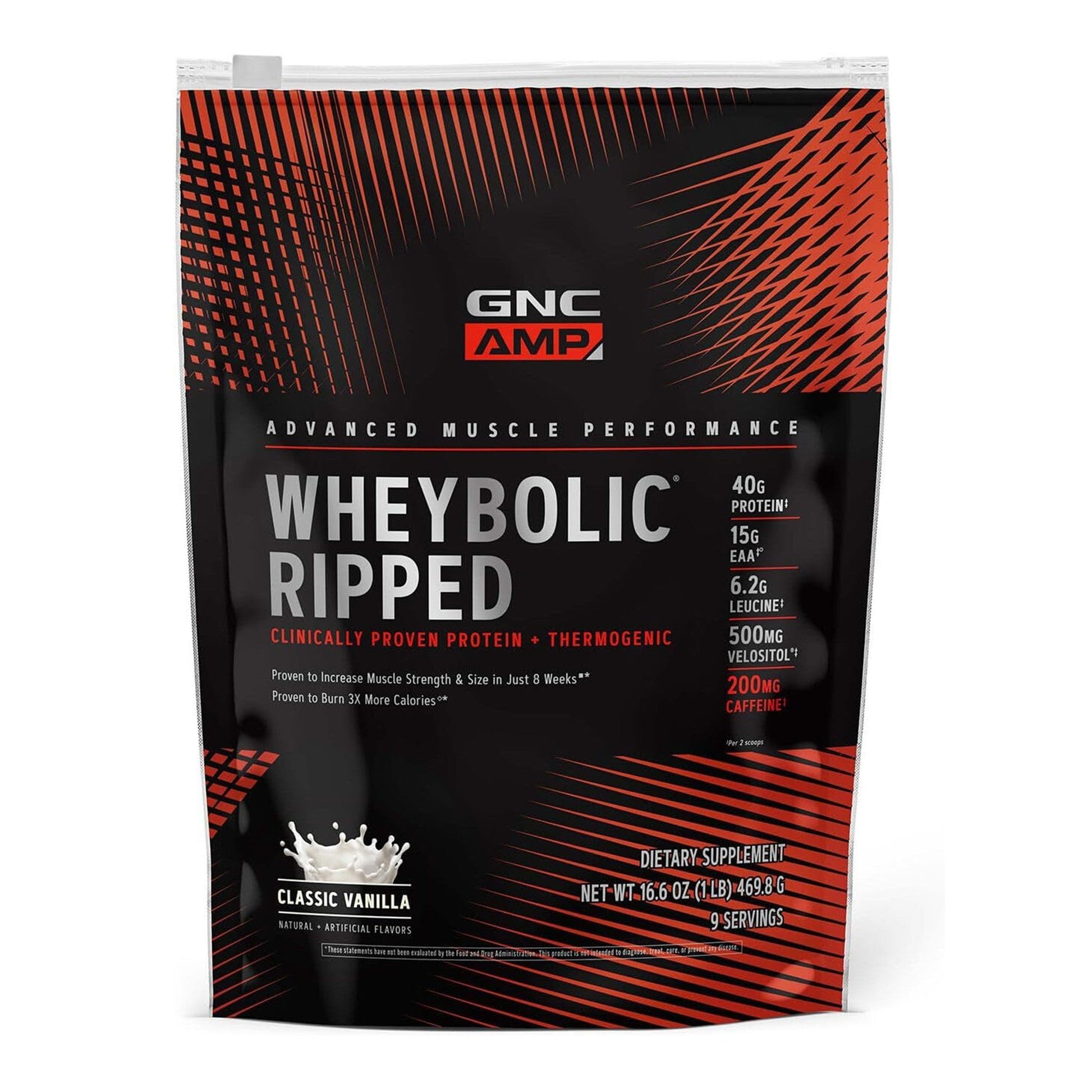 GNC AMP Wheybolic Ripped Protein Powder – Classic Vanilla pouch with nutritional info and serving details