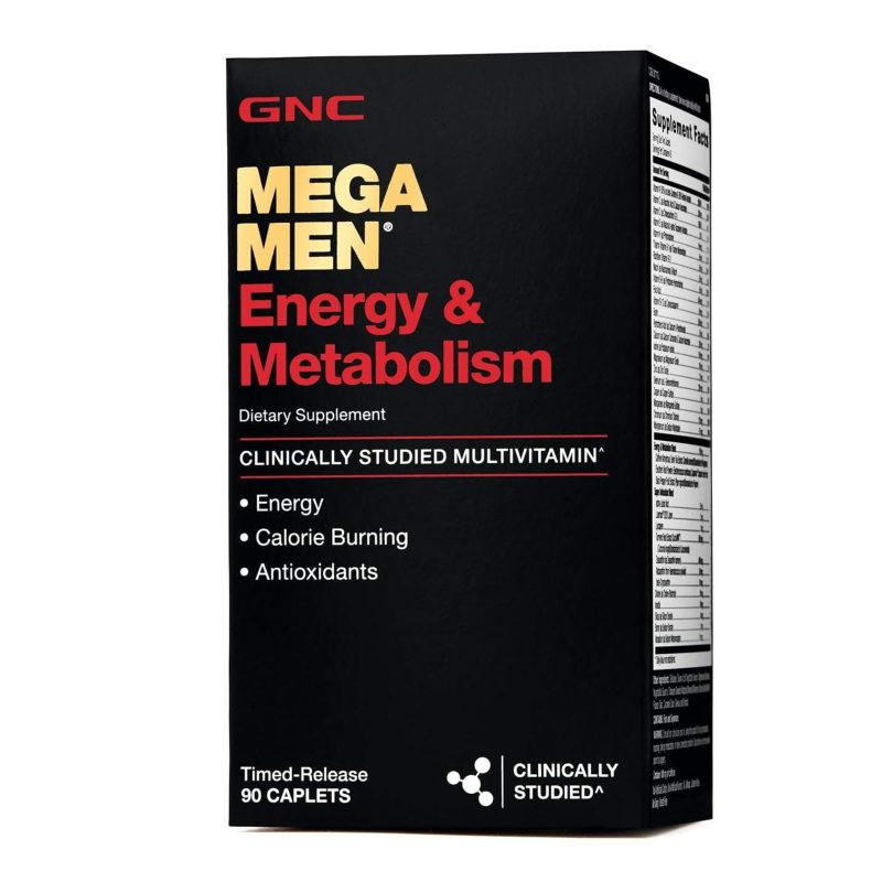 GNC Mega Men Energy & Metabolism dietary supplement box with 90 caplets for energy and metabolism support.