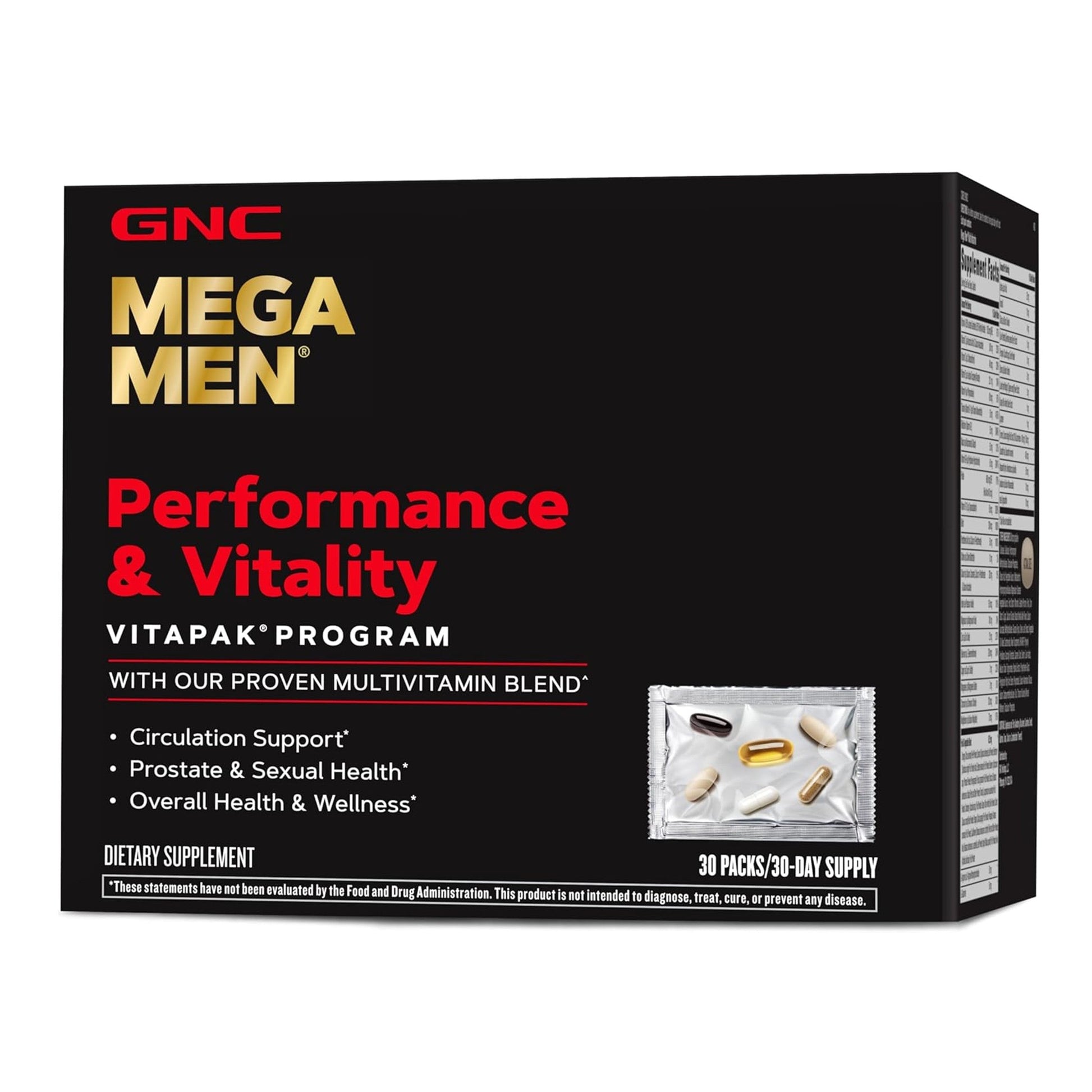 GNC Mega Men Performance & Vitality Vitapak – 30 servings nutritional supplement for men’s health and wellness.