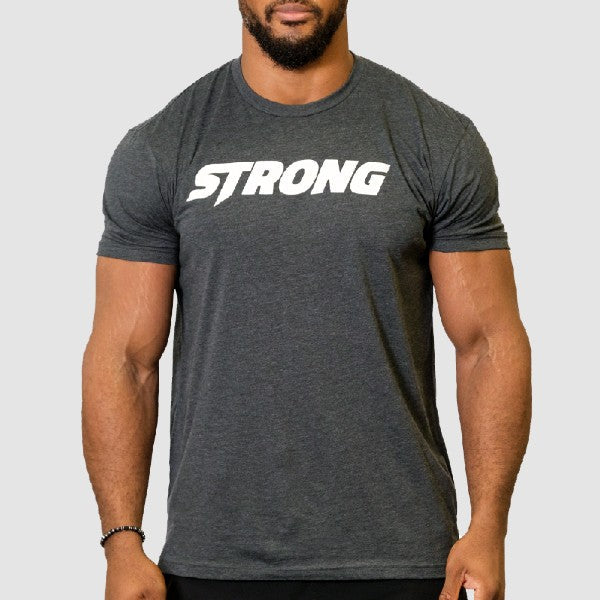 Strong 2.0 Performance Tee featuring bold STRONG logo on a gray shirt worn by a male model.