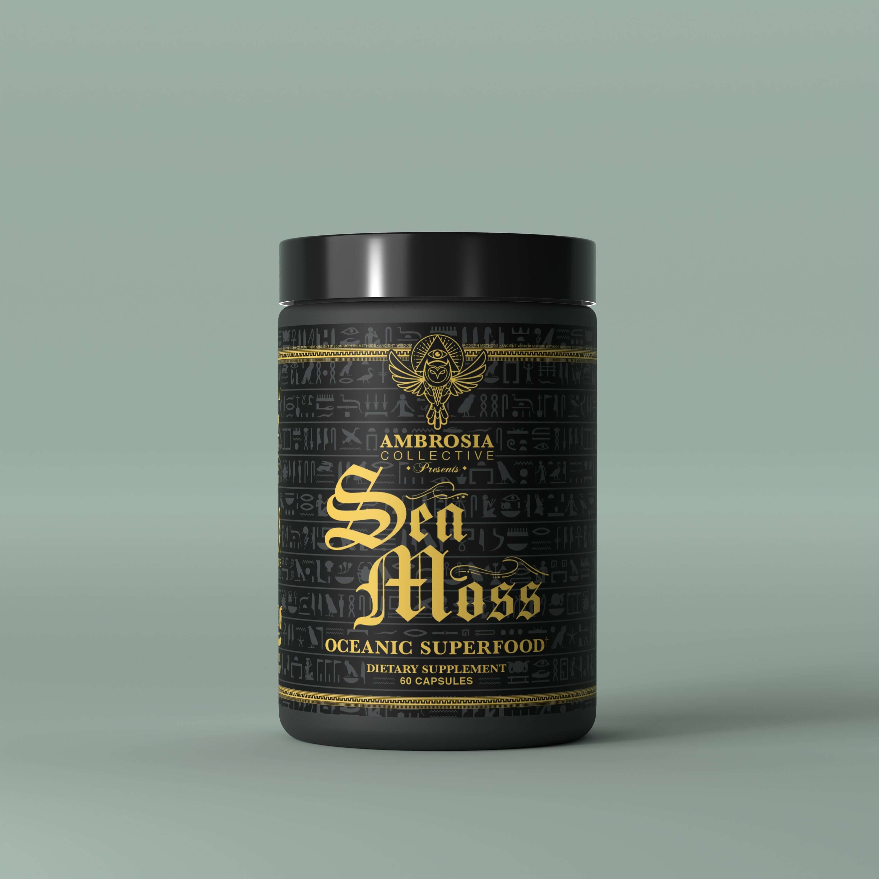 Sea Moss Super Food dietary supplement in a stylish black container with gold lettering.