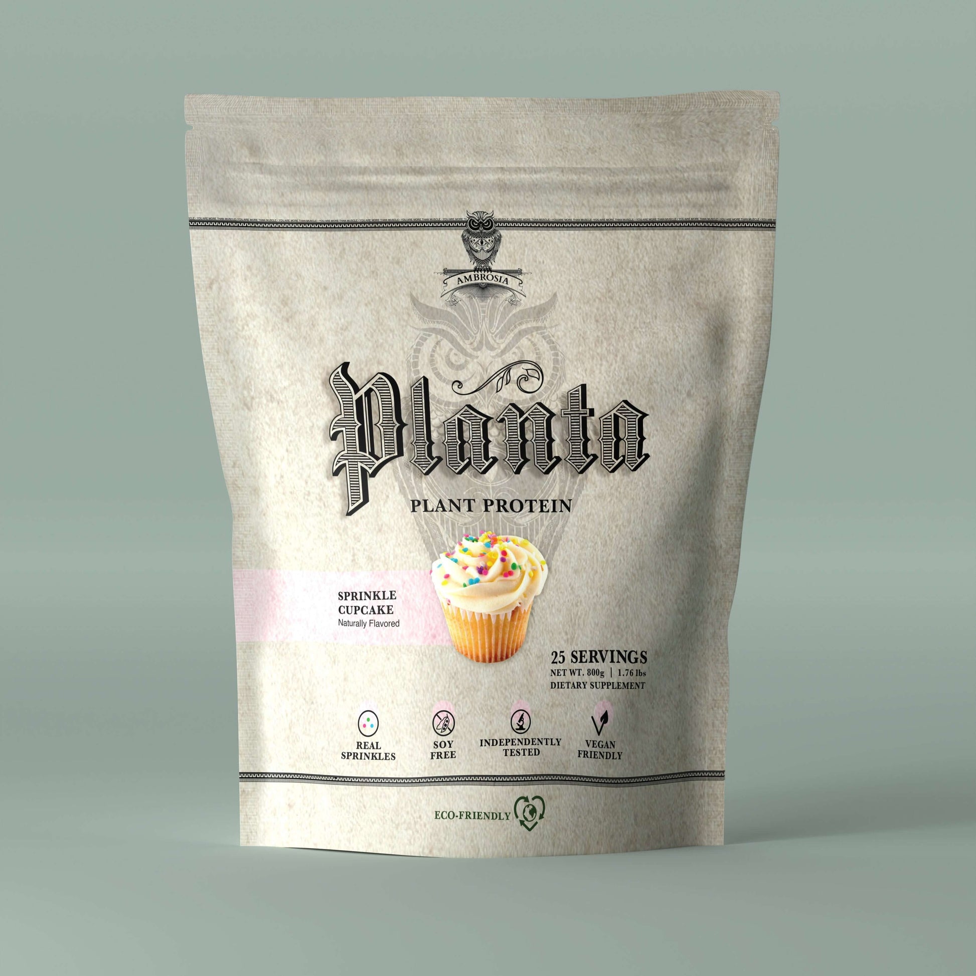 Planta - Premium Plant Protein Sprinkle Cupcake flavor packaging with 25 servings, eco-friendly design.