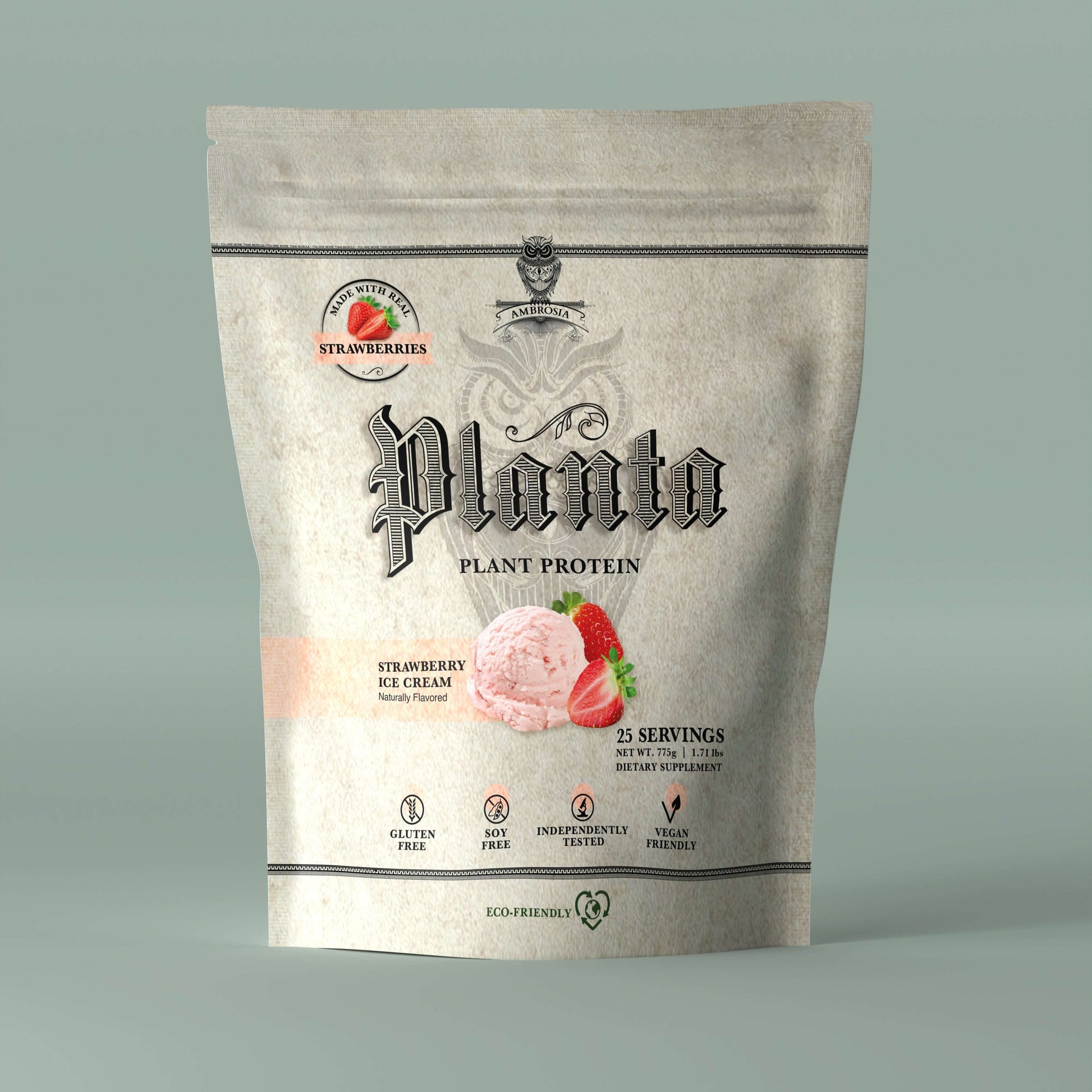 Planta - Premium Plant Protein Strawberry Ice Cream flavor packaging with 25 servings, gluten-free and eco-friendly.