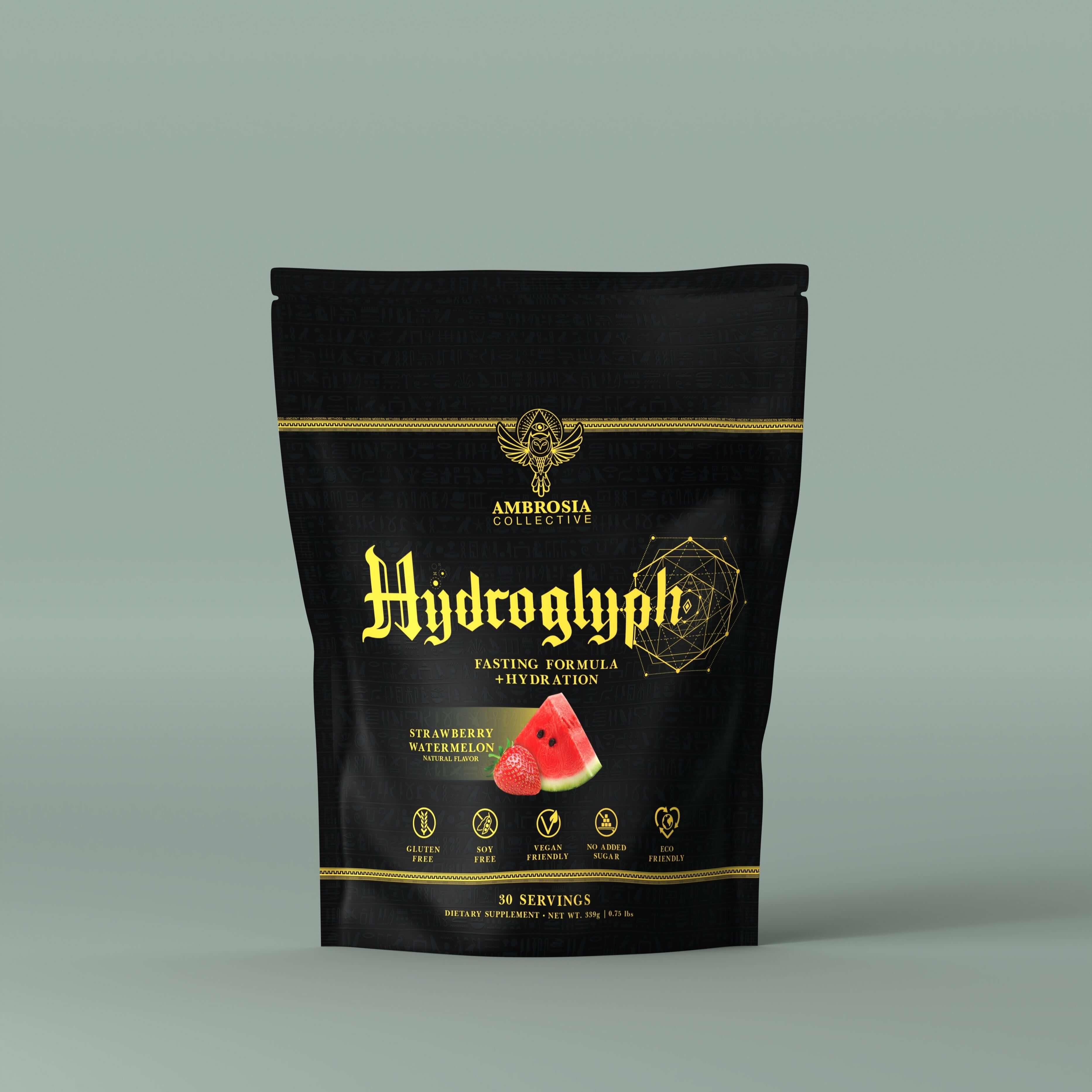 Hydroglyph - Lean Muscle Hydration powder bag featuring strawberry watermelon flavor with 30 servings.
