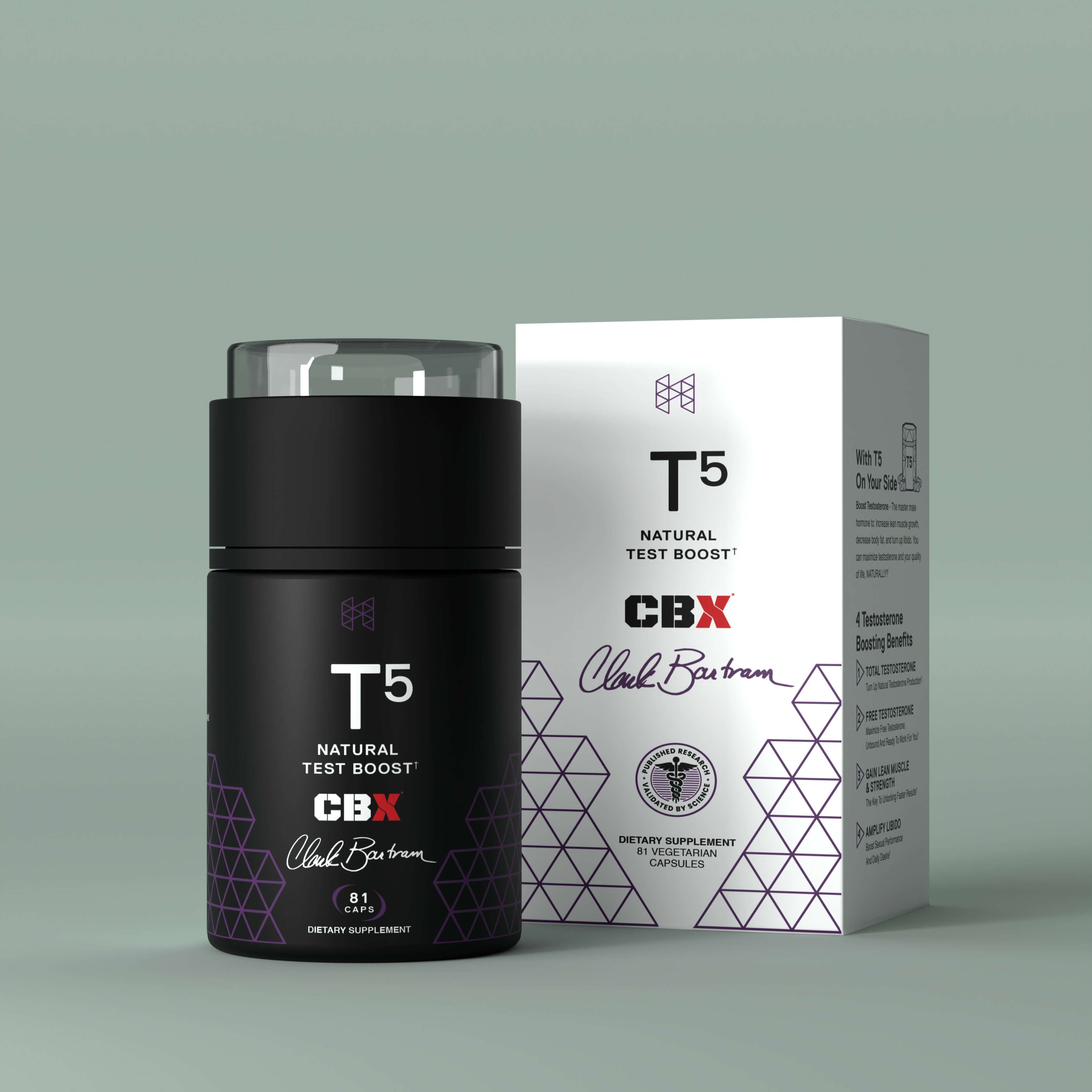 T5 Natural Test Booster product packaging and bottle displayed on a soft background