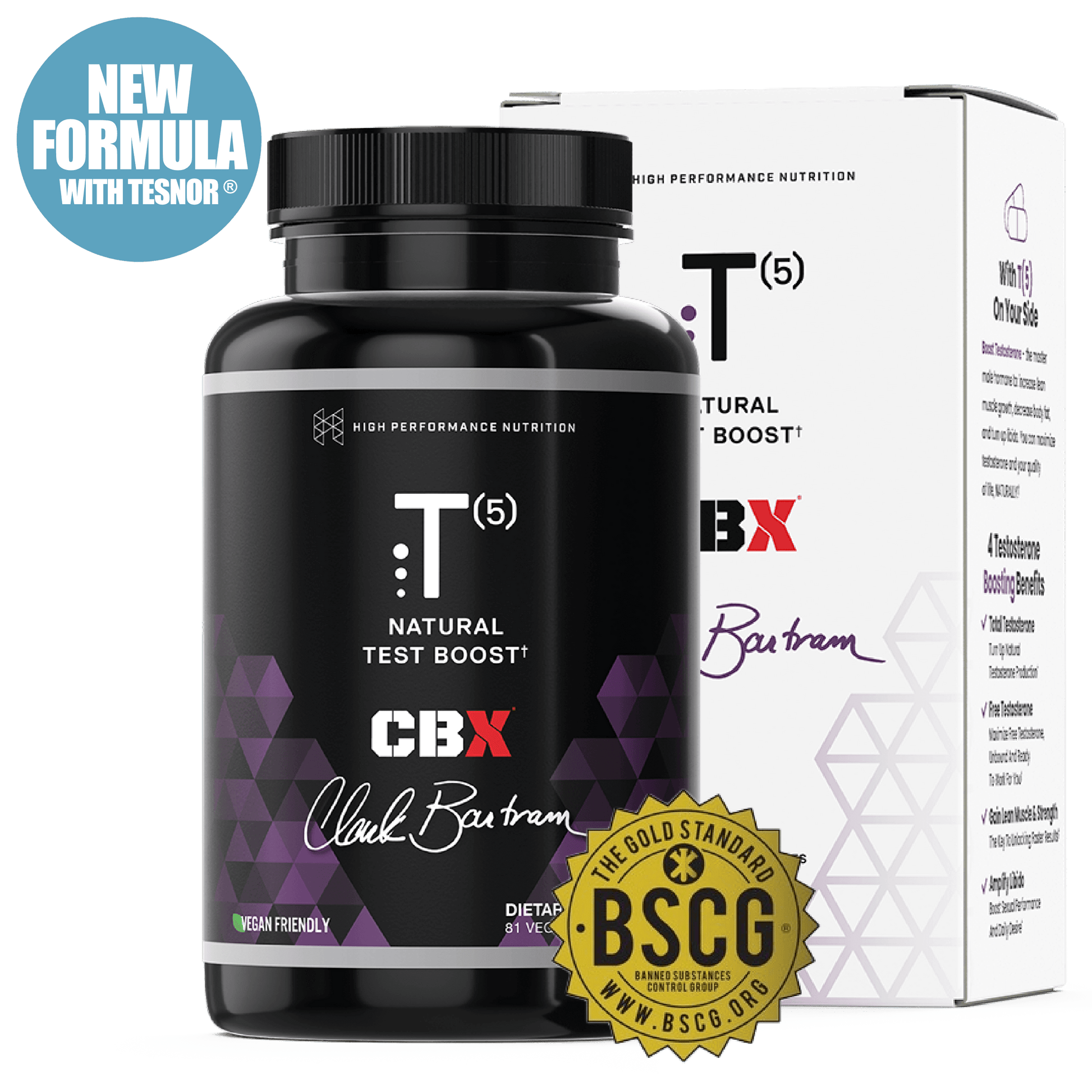 T5 Natural Test Booster bottle and packaging with vegan friendly label and BSCG certification.