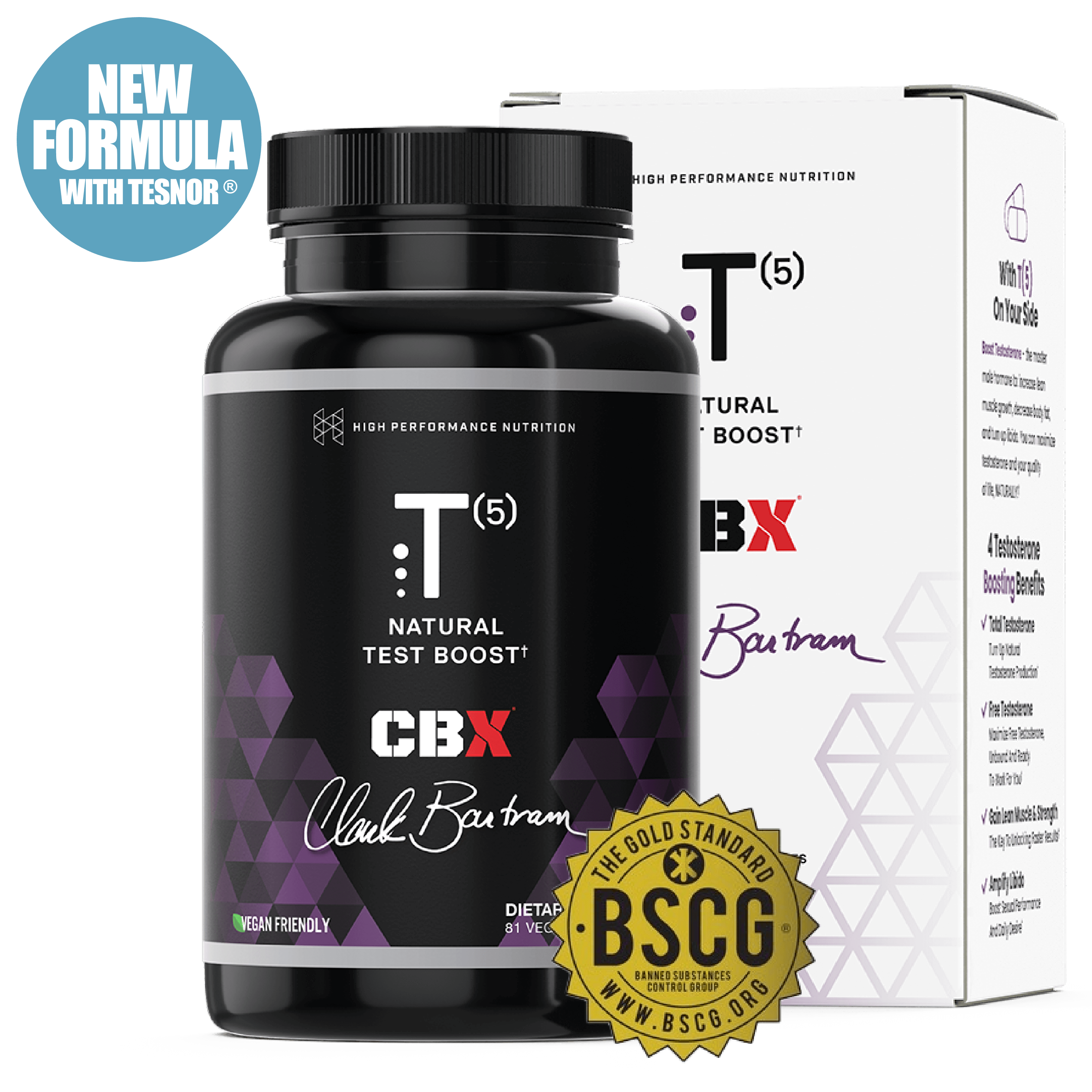 T5 Natural Test Booster bottle and packaging with vegan friendly label and BSCG certification.
