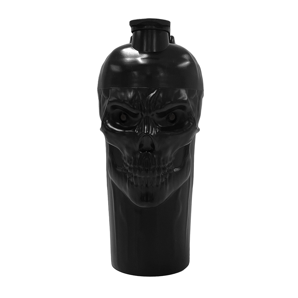 The Curse Skull Shaker featuring a black skull design with a screw-on lid, perfect for your gym sessions.