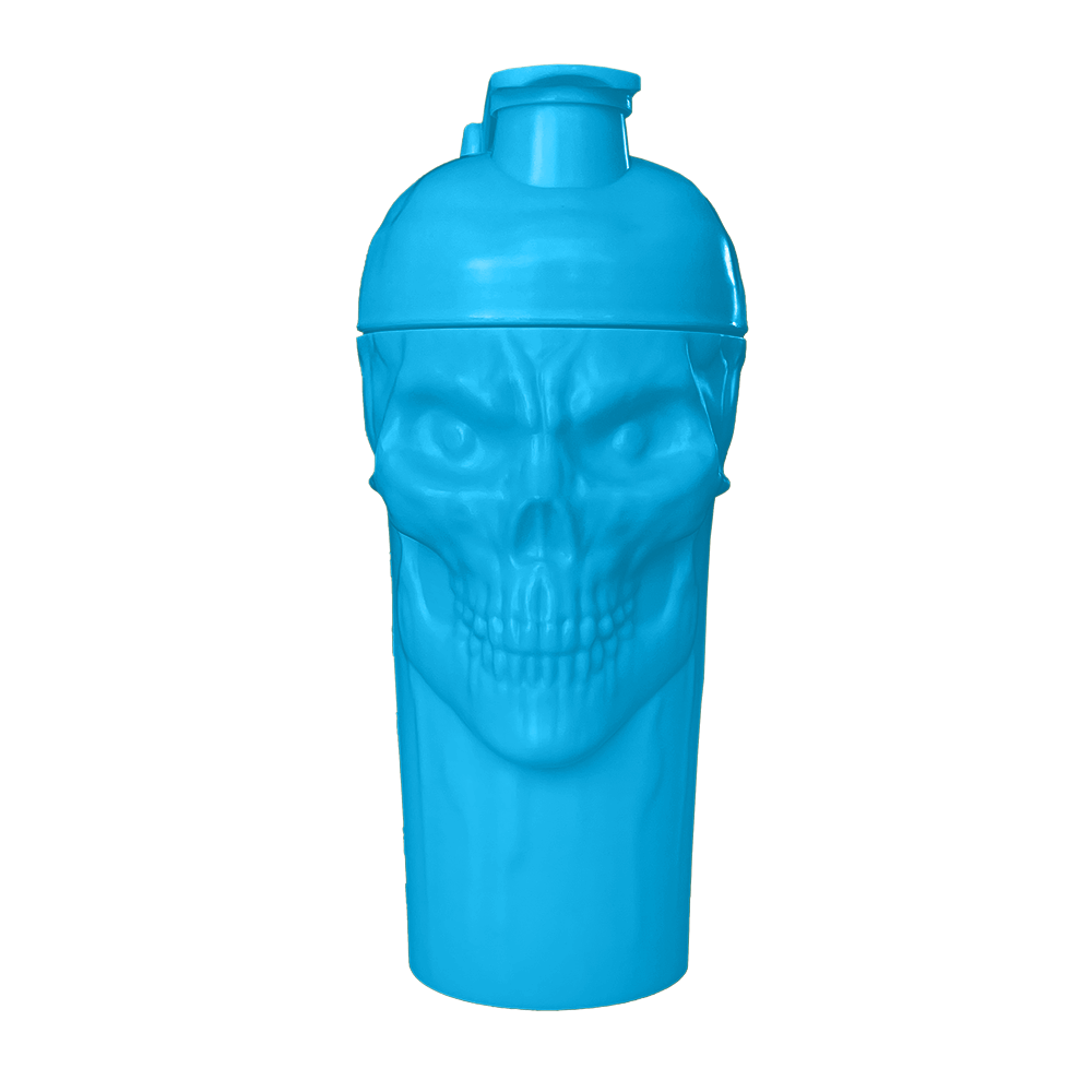 The Curse Skull Shaker in vibrant blue color with a skull design, ideal for gym workouts and nutrition mixing.