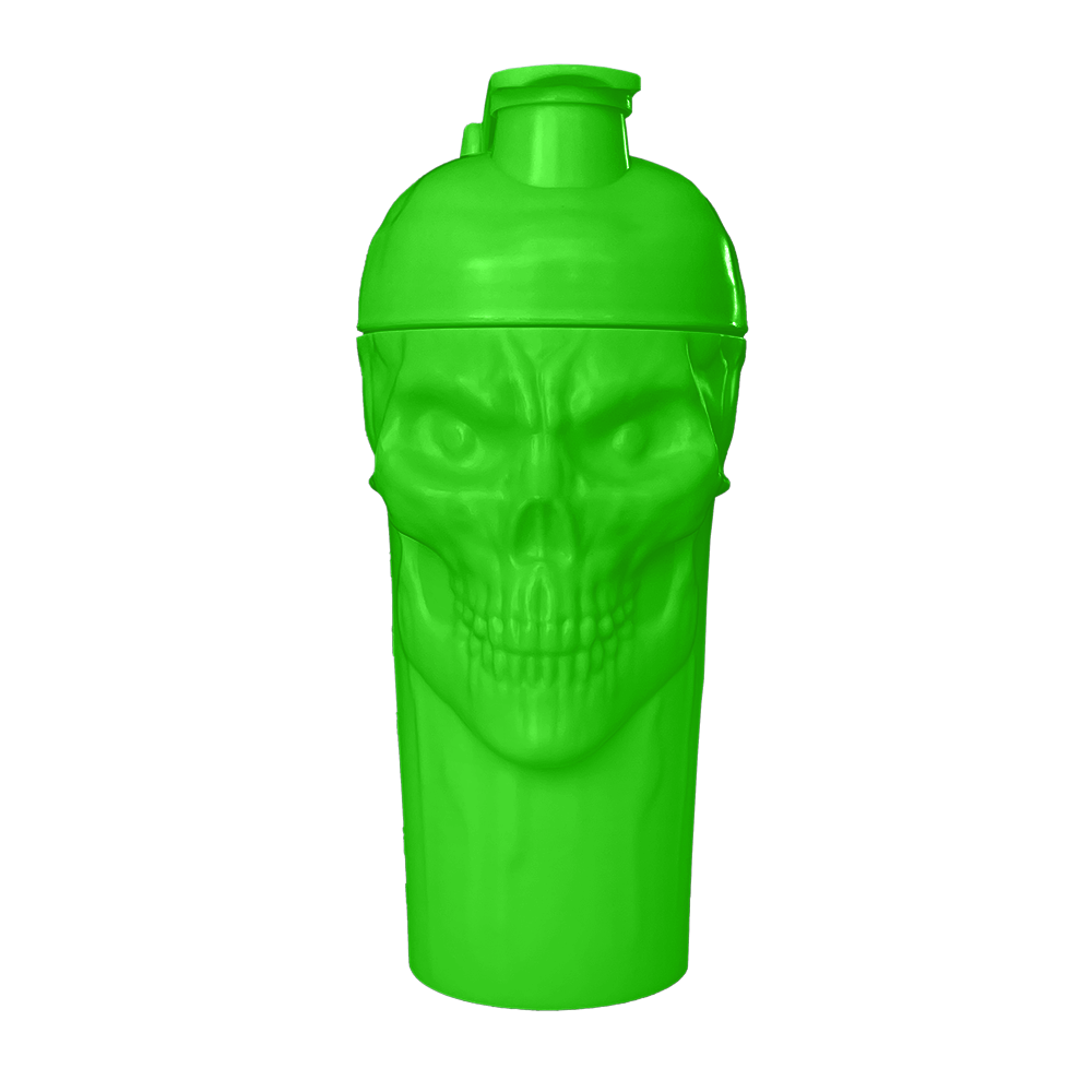 The Curse Skull Shaker in vibrant green color with a skull design, featuring a leak-free screw-on lid.