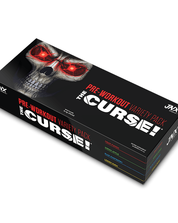 The Curse Pre-workout Variety Pack featuring a skull design and different flavor labels on the box.
