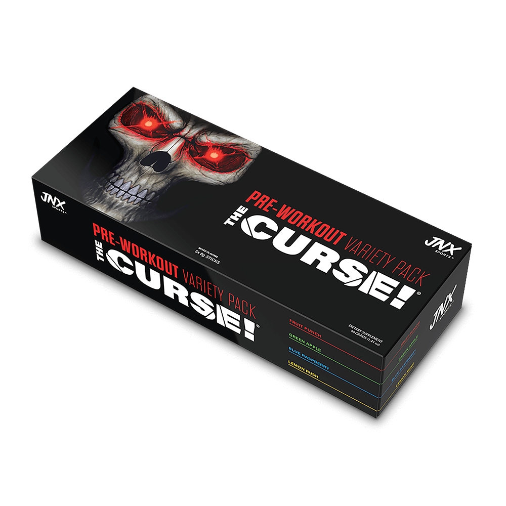 The Curse Pre-workout Variety Pack featuring a skull design and different flavor labels on the box.