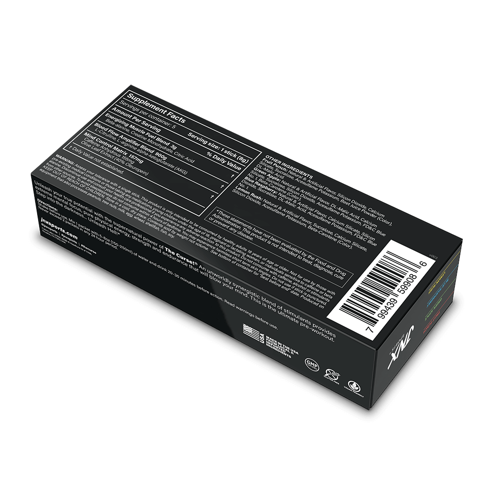 The Curse Pre-workout Variety Pack box back view showing nutrition facts and ingredients.