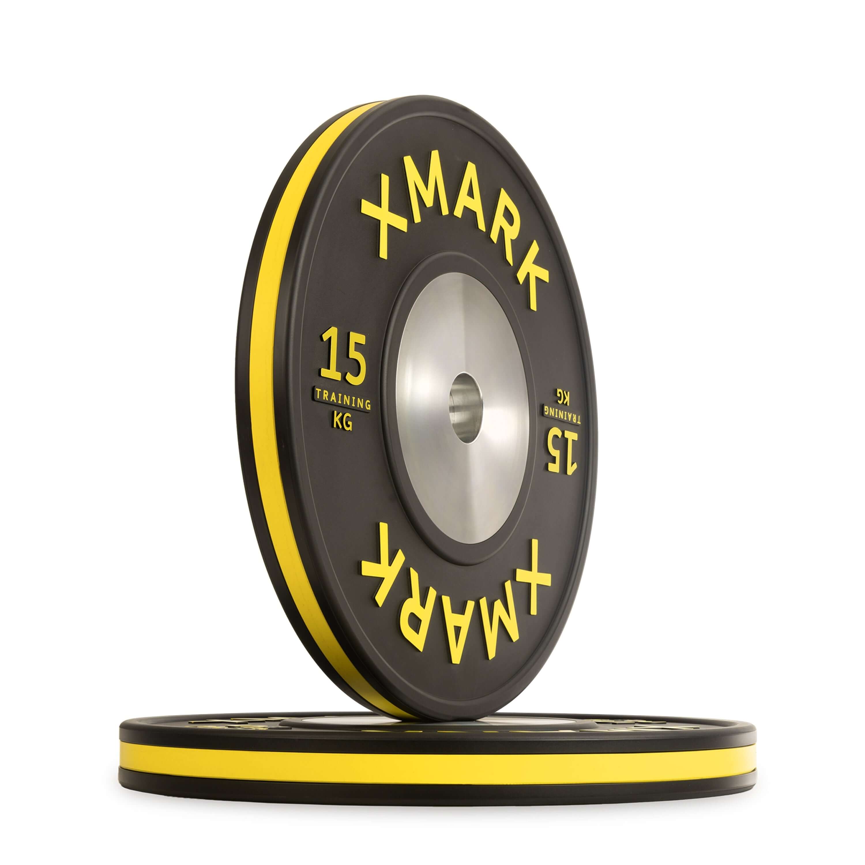 Competition Training Bumper Plate Pairs showcasing XMARK 15 kg training plates with vibrant yellow detailing.