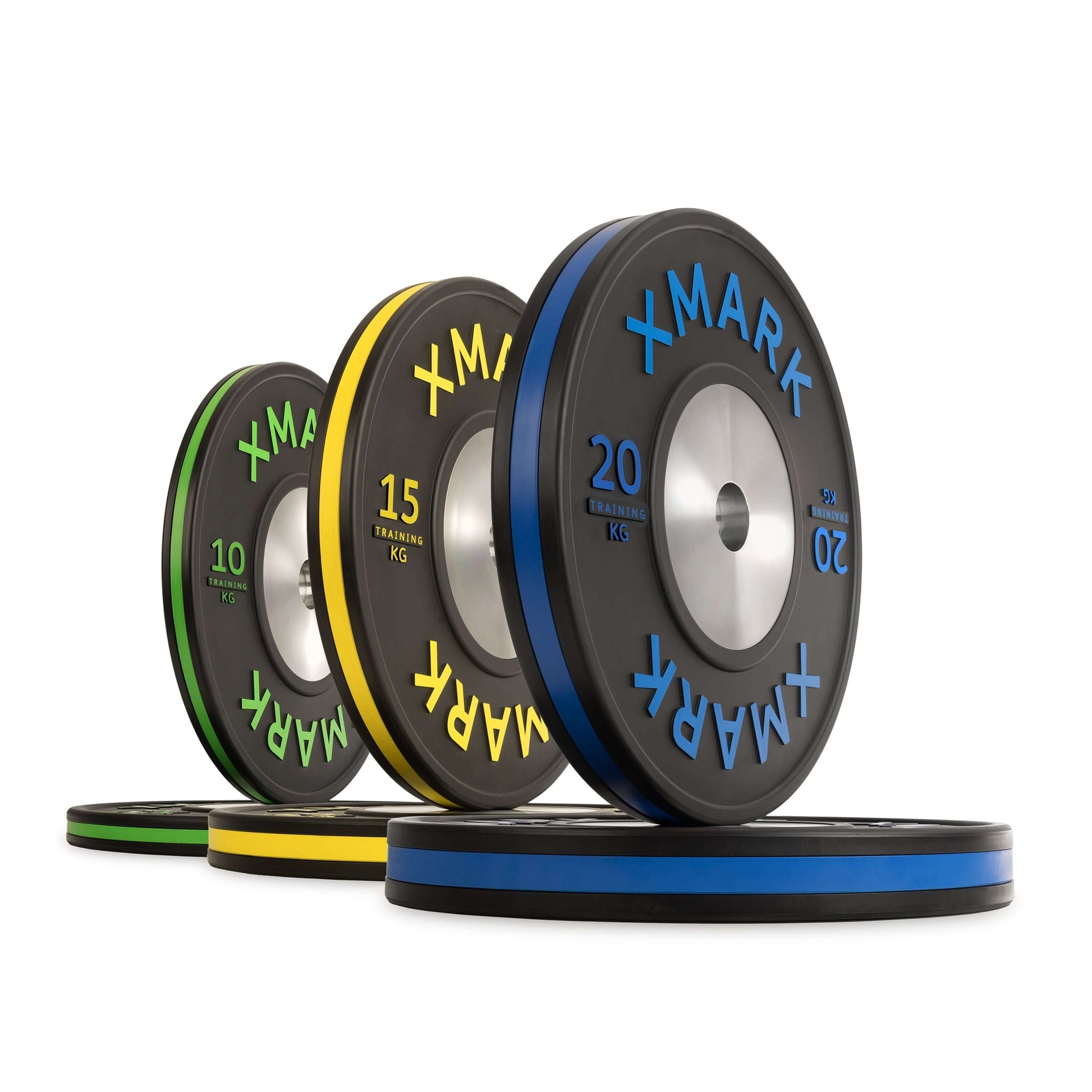 Striped Premium IWF Training Bumper Plates KG Pairs-Sets displayed in various weights.