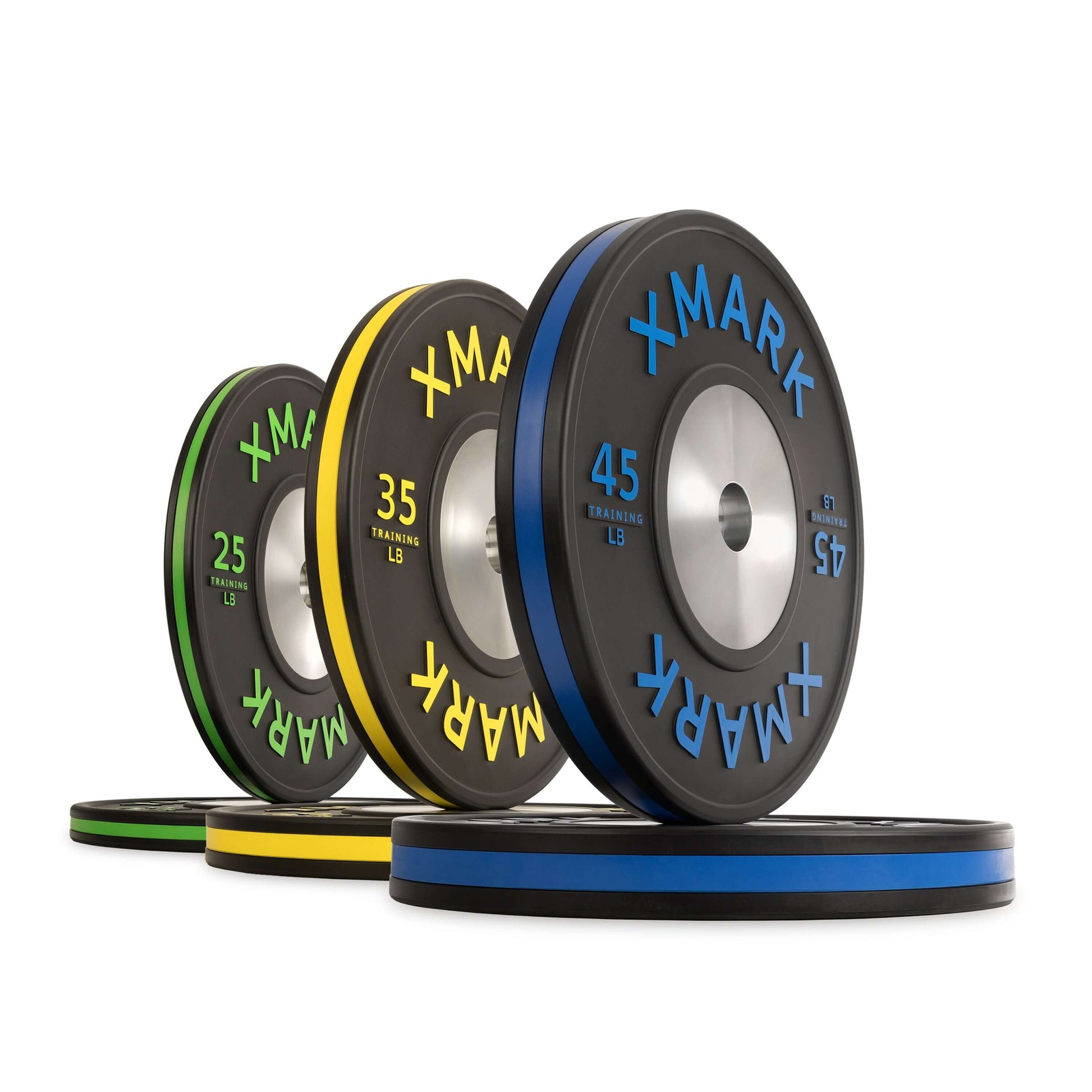 Striped Premium IWF Training Bumper Plates Pairs and Sets displayed in various weights on a flat surface.