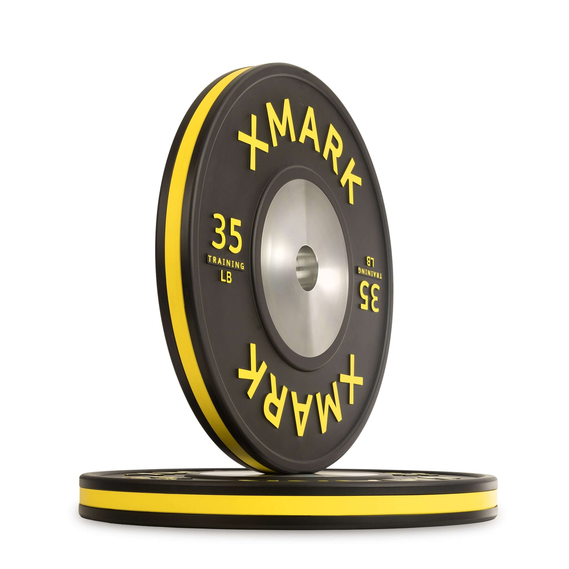 Striped Premium IWF Training Bumper Plates Pairs and Sets displayed with a 35 lb weight featuring yellow accents.