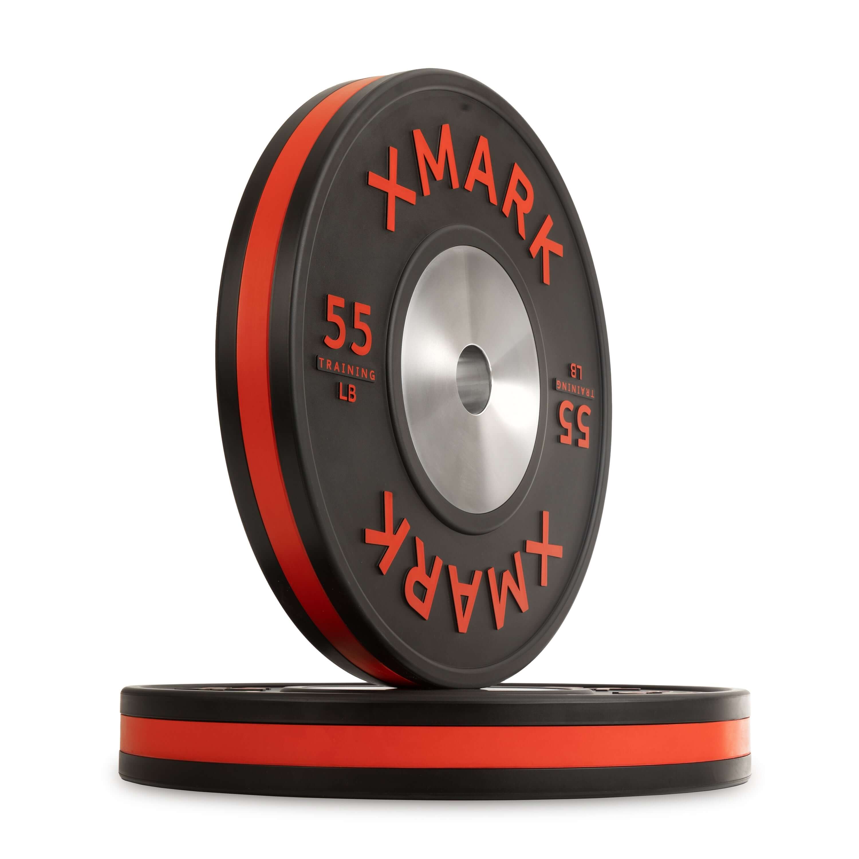 Striped Premium IWF Training Bumper Plates Pairs and Sets showcasing 55 lb plates with bold red markings for easy identification.