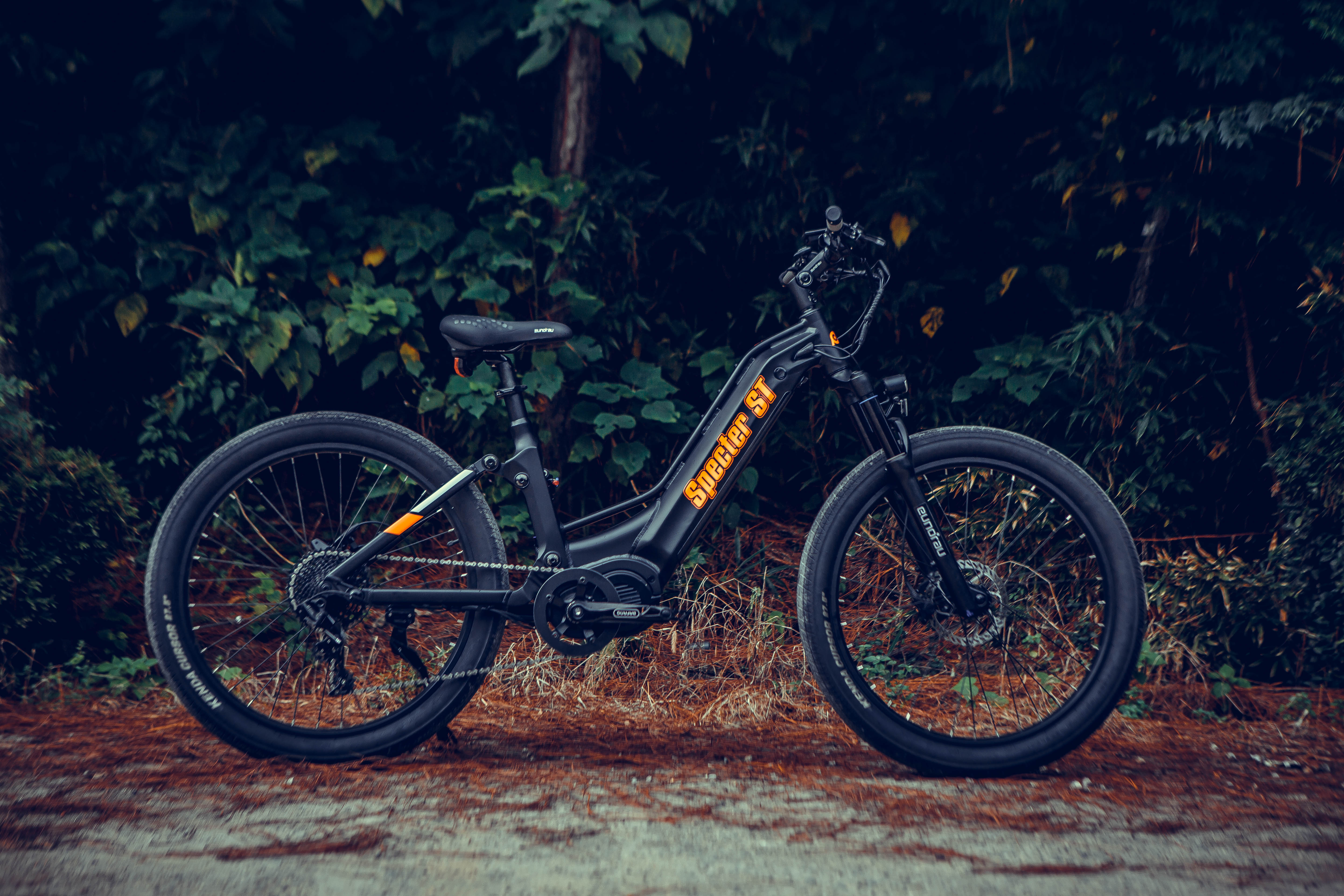 SPECTER-ST 2.0 Performance Ebike displayed against a natural backdrop, showcasing its sleek design and powerful features.