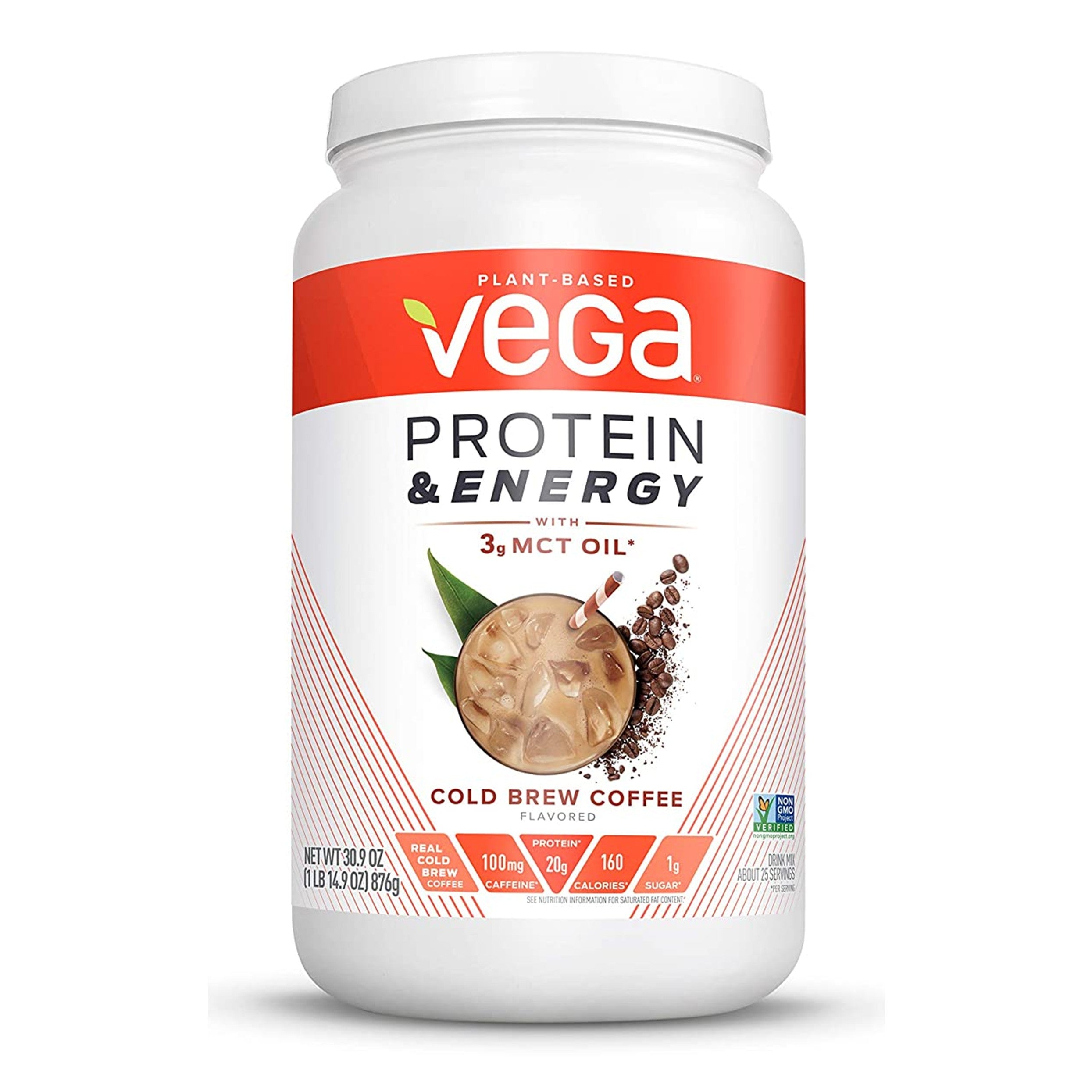 Vega Protein & Energy Plant-Based Protein Powder in Cold Brew Coffee flavor, featuring 20g protein and 3g MCT oil.